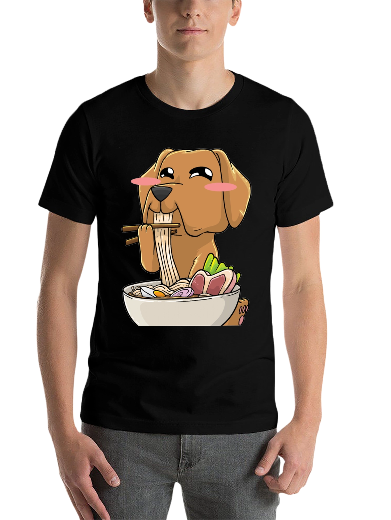 Black Dog Eating Ramen Funny T-Shirt view 7