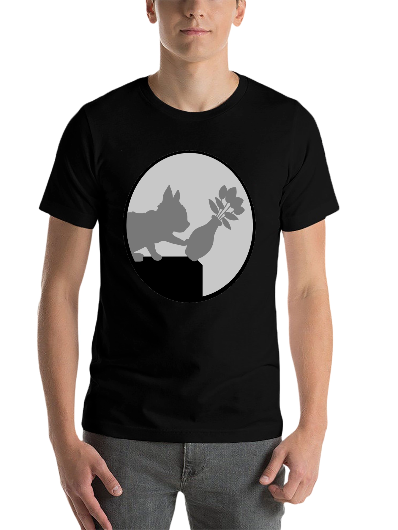 Black Cat & Vase Graphic Tee - Quirky Black T-Shirt view 7
