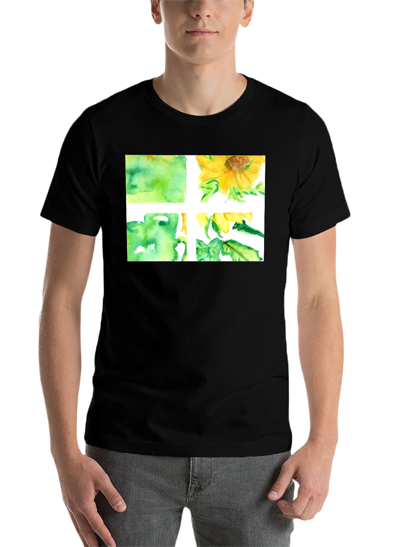 Black Sunflower Watercolor Graphic Black T-Shirt view 7