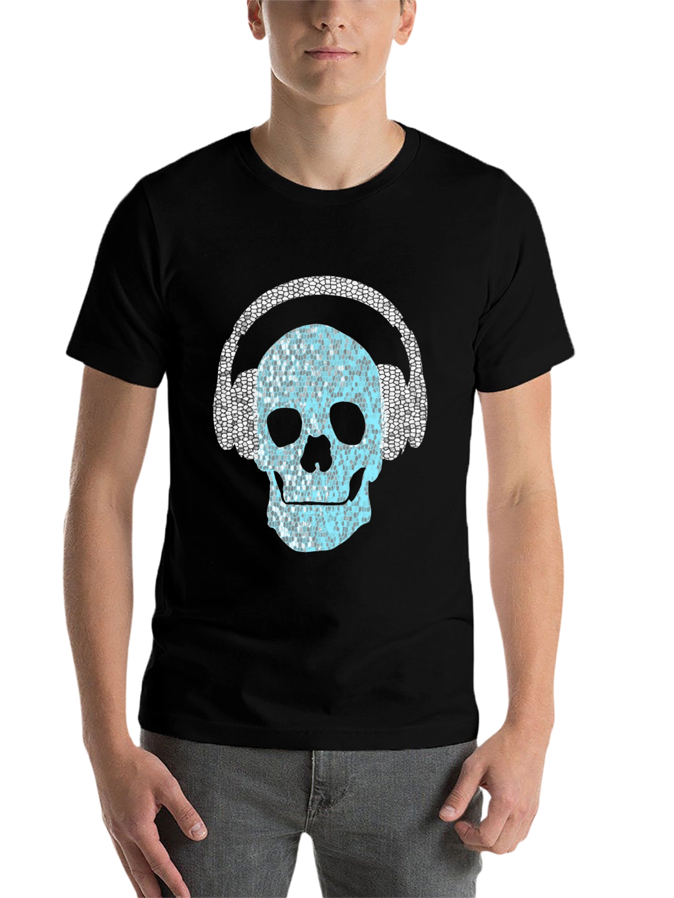 Black Skull with Headphones Graphic T-Shirt view 7