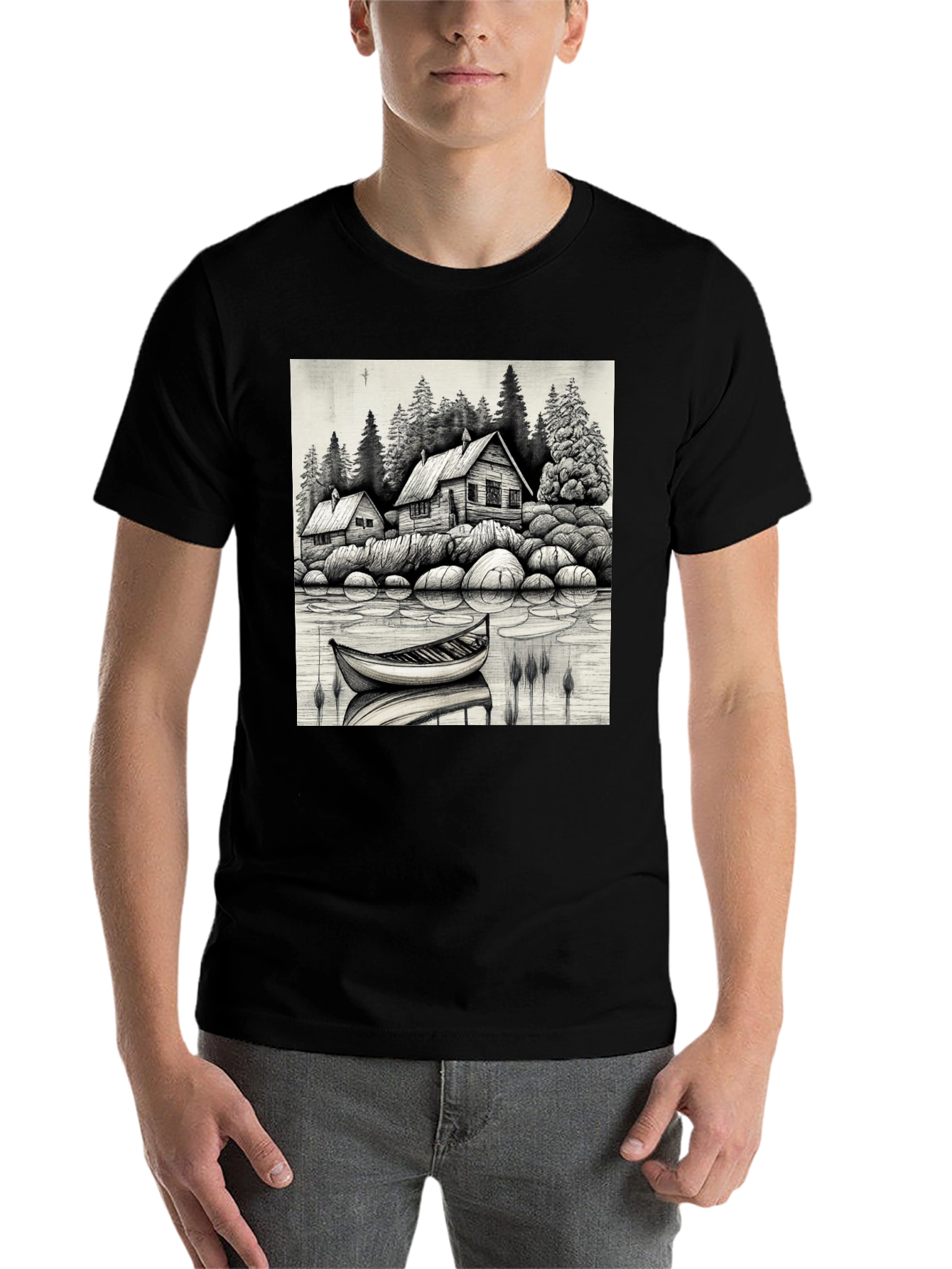 Black Cabin Lake Scene T-Shirt view 7