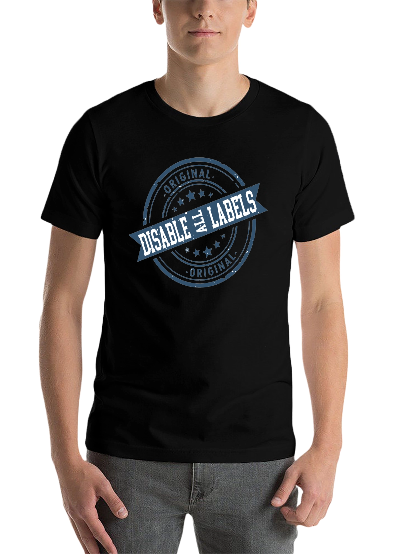 Black Disable All Labels T-Shirt - Original Design view 7