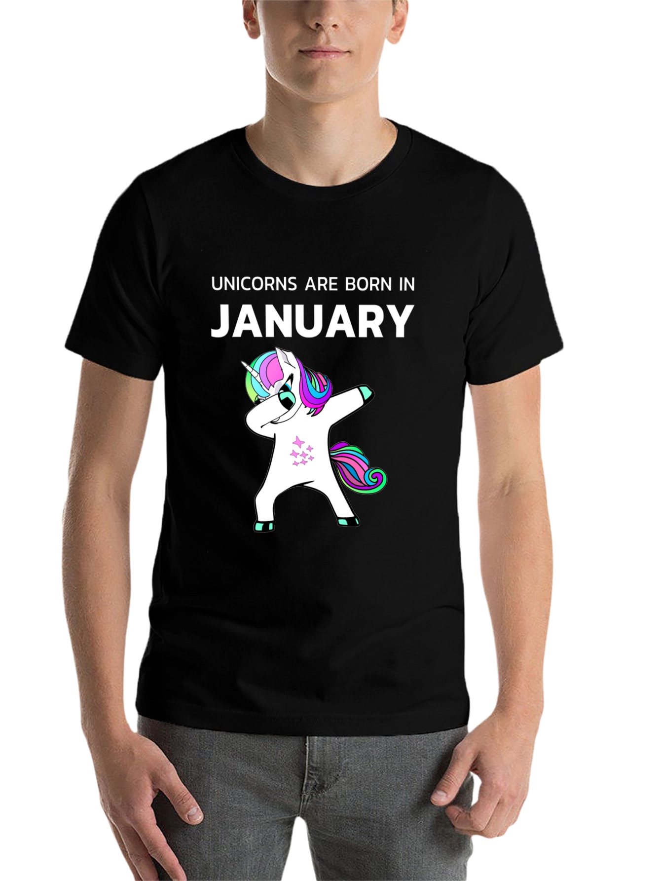 Black Unicorns Born in January Black T-Shirt view 7