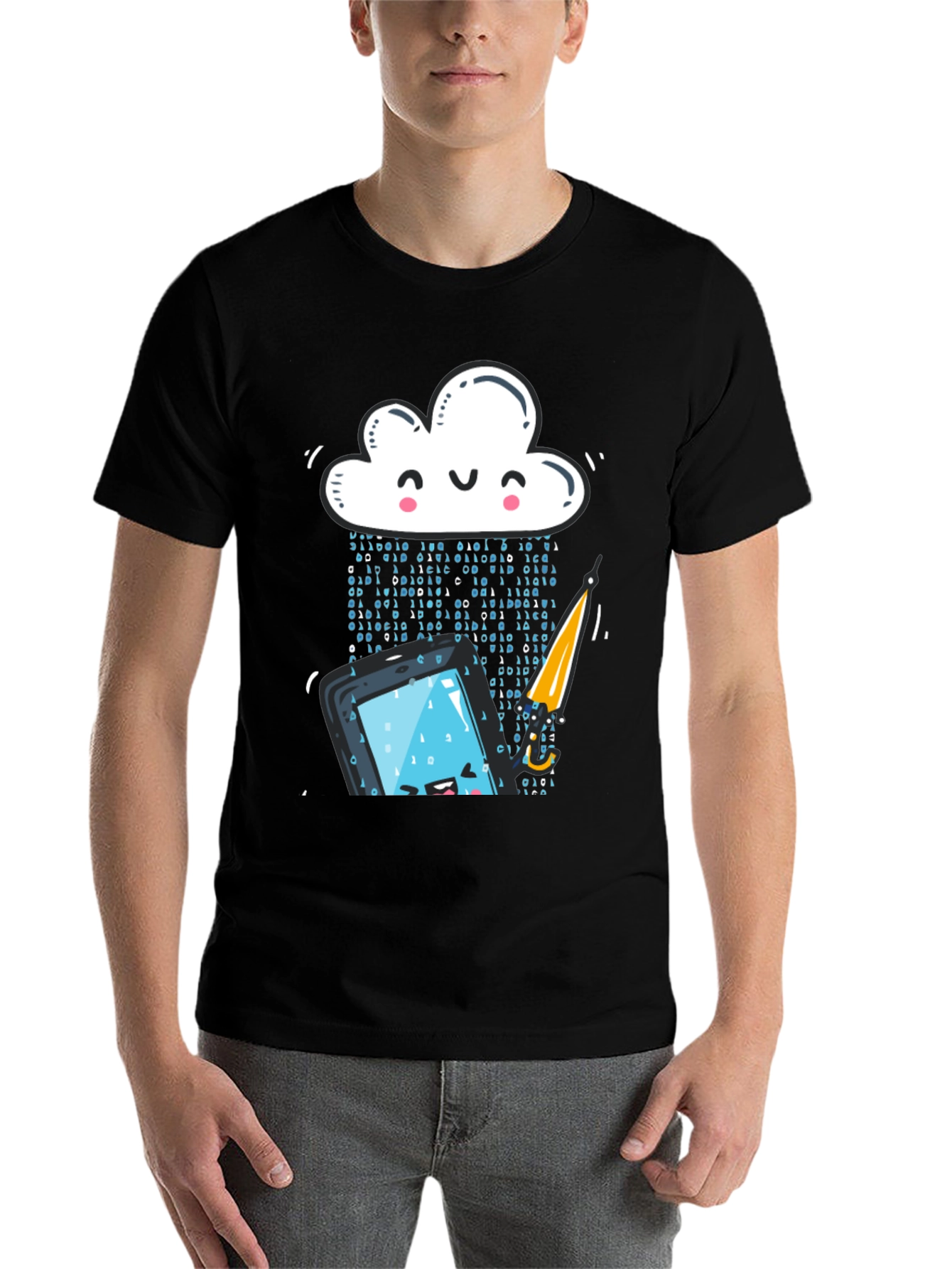 Black Funny Cloud Data Rain Smartphone Black T-Shirt view 7