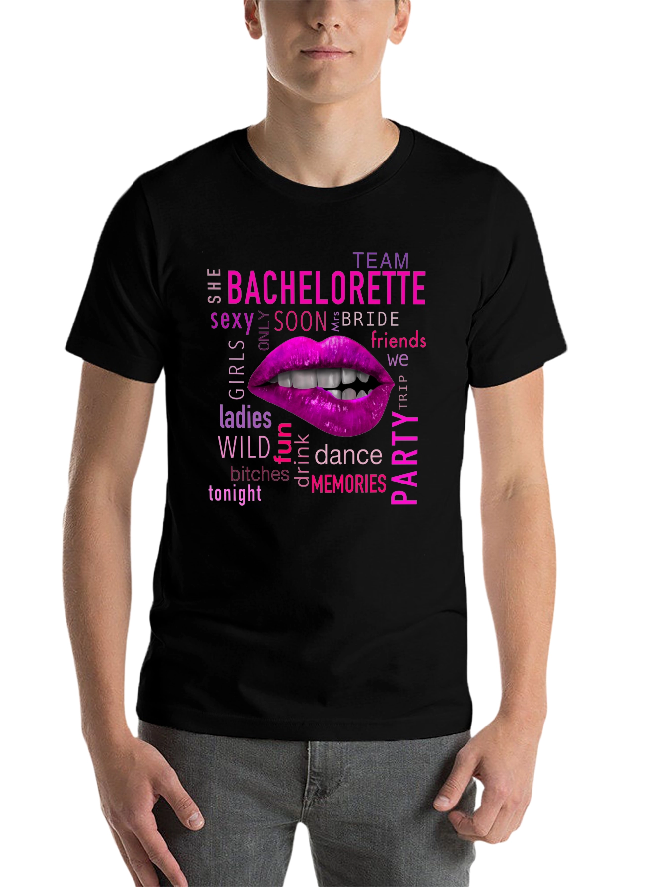 Black Bachelorette Party Lips Graphic T-Shirt view 7