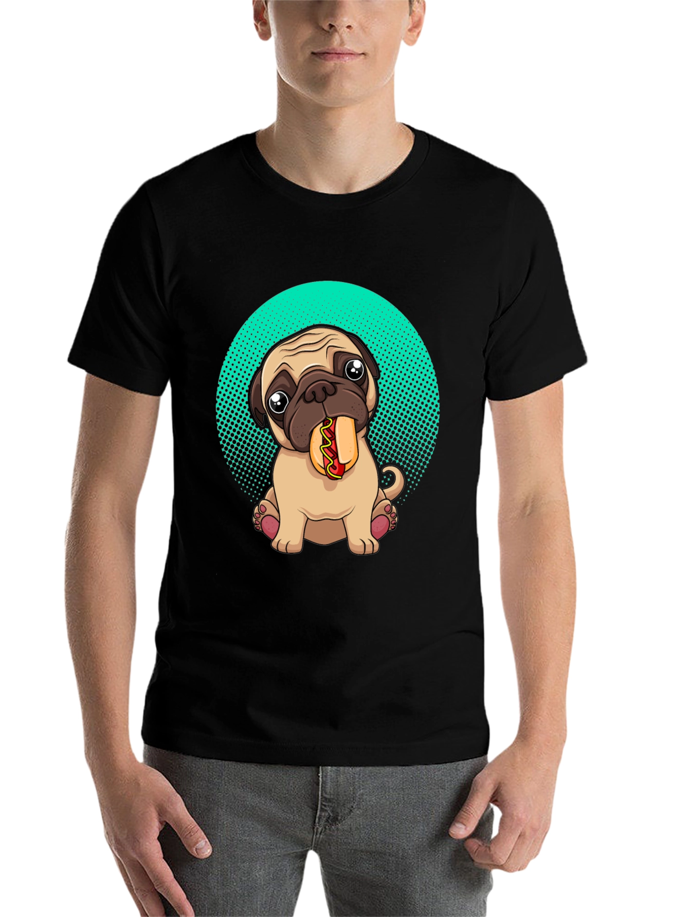 Black Pug Eating Hotdog Graphic T-Shirt - Cute Dog Tee view 7