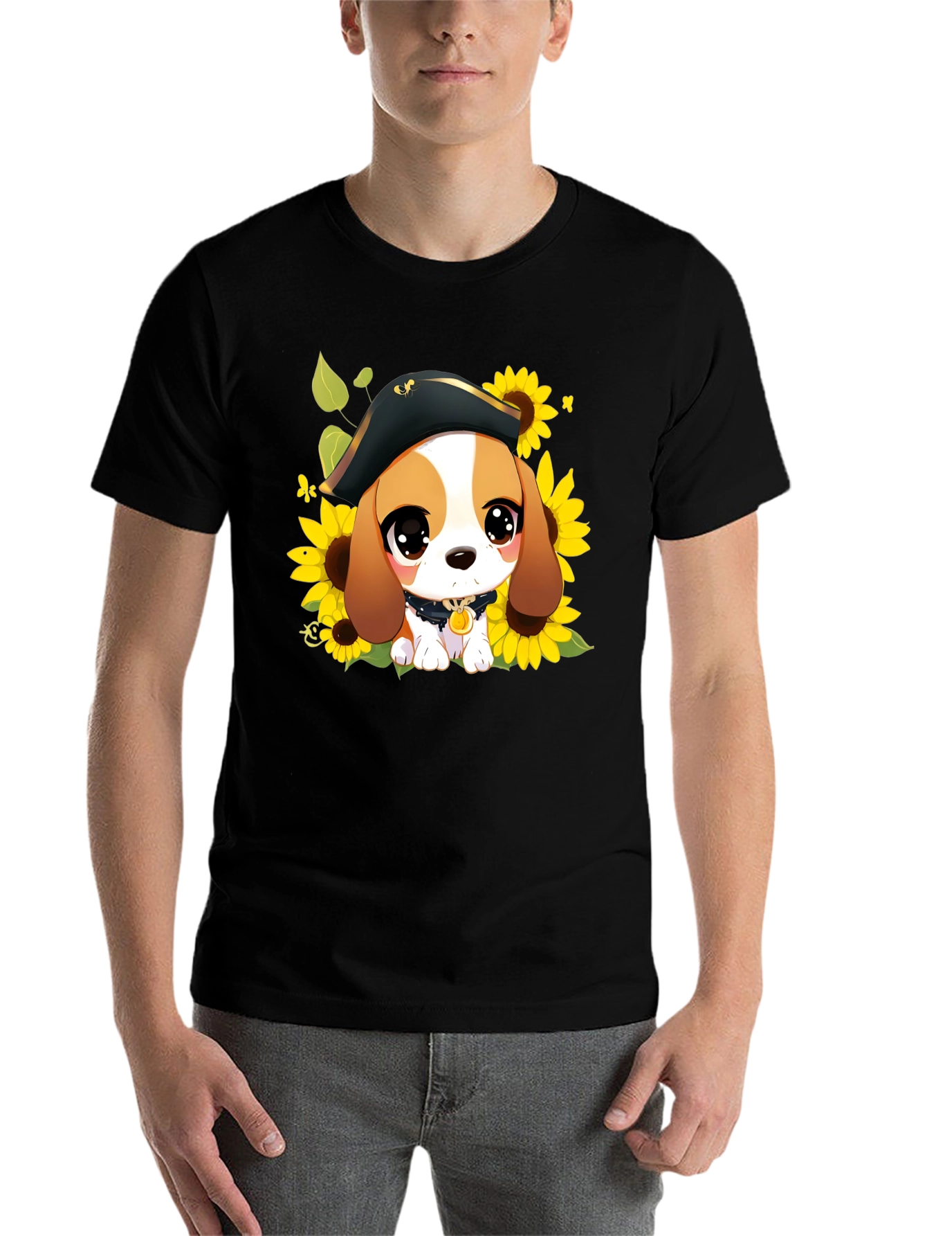 Black Cute Cartoon Beagle in Pirate Hat T-Shirt view 7