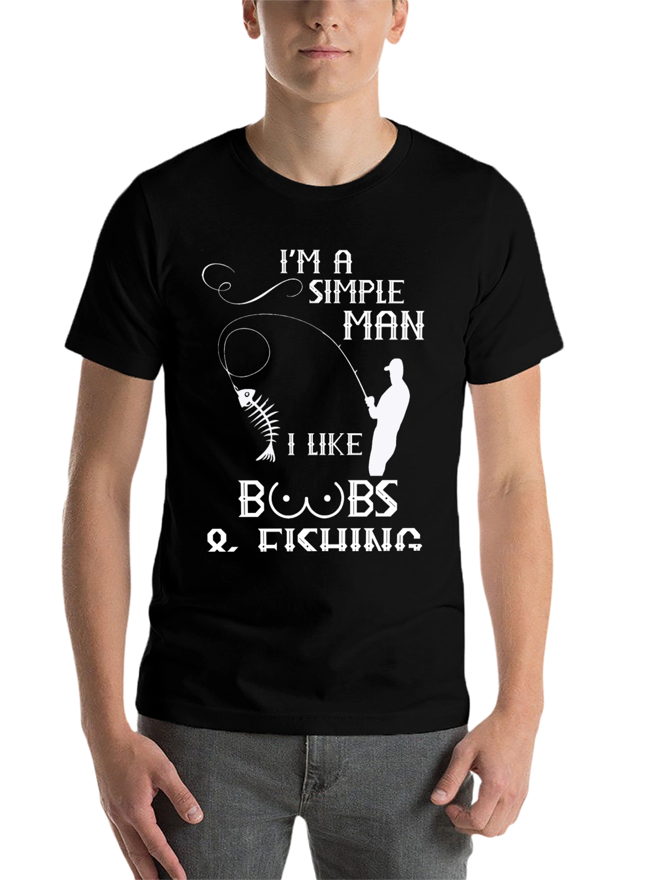 Black Simple Man Boobs Fishing Black Graphic Tee view 7