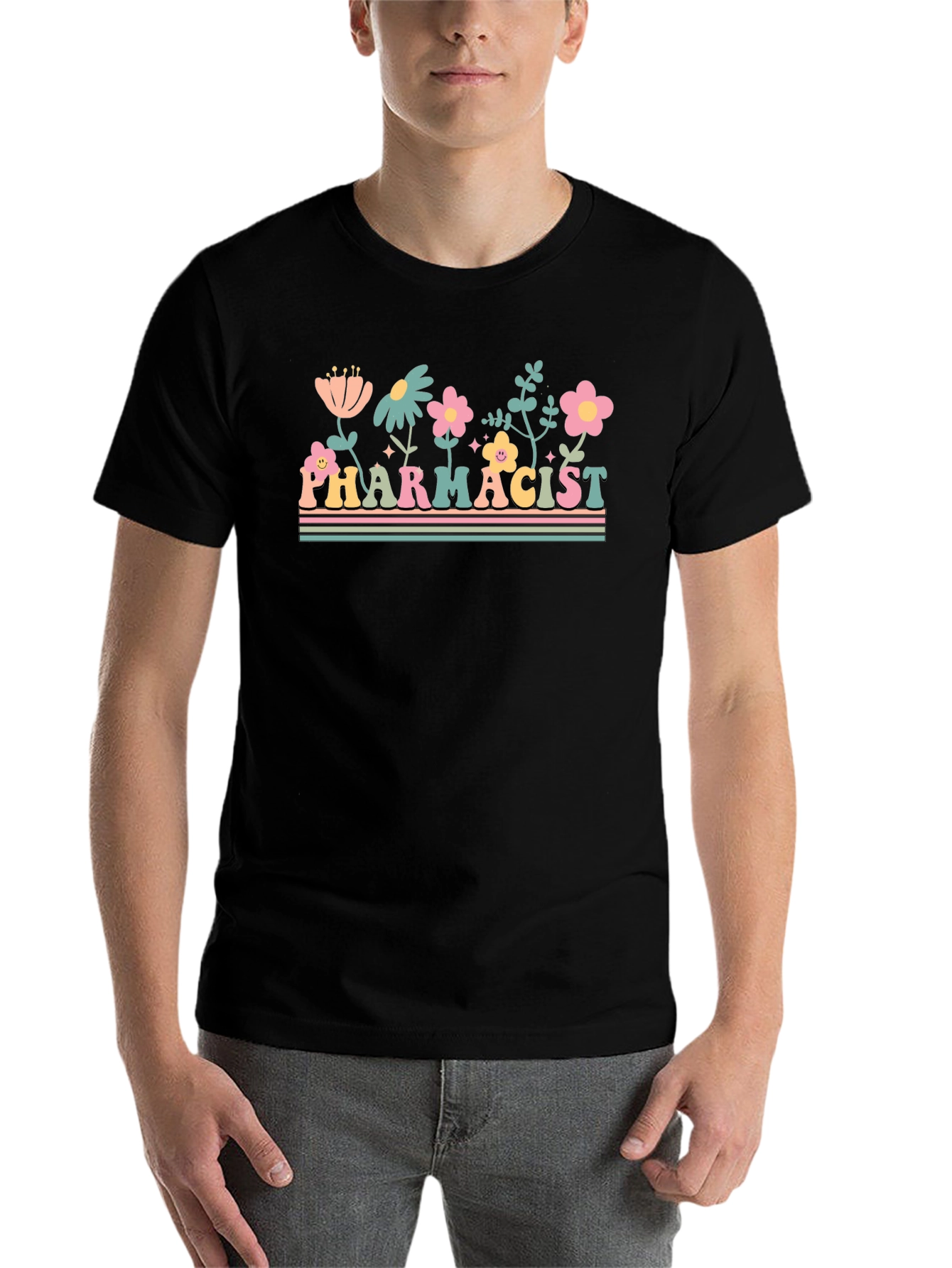 Black Floral Pharmacist Graphic Tee - Unisex Black T-Shirt view 7