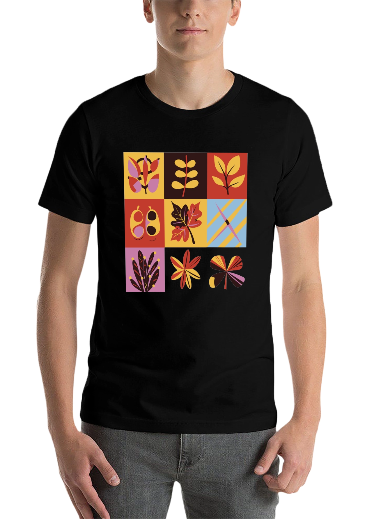 Botanical Block Print Men's Black T-Shirt - 7