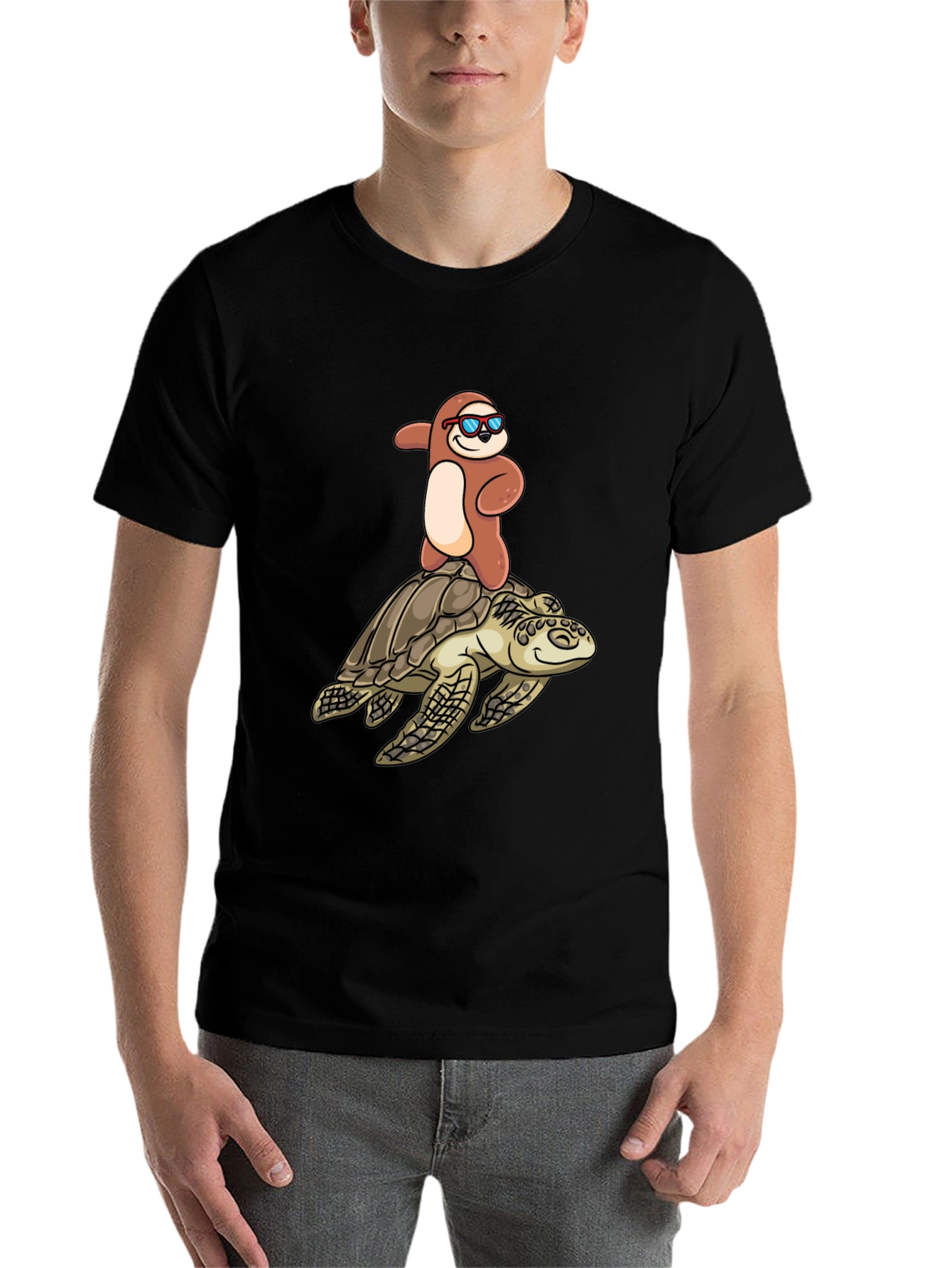 Black Sloth Riding Turtle T-Shirt - Funny & Unique Design view 7