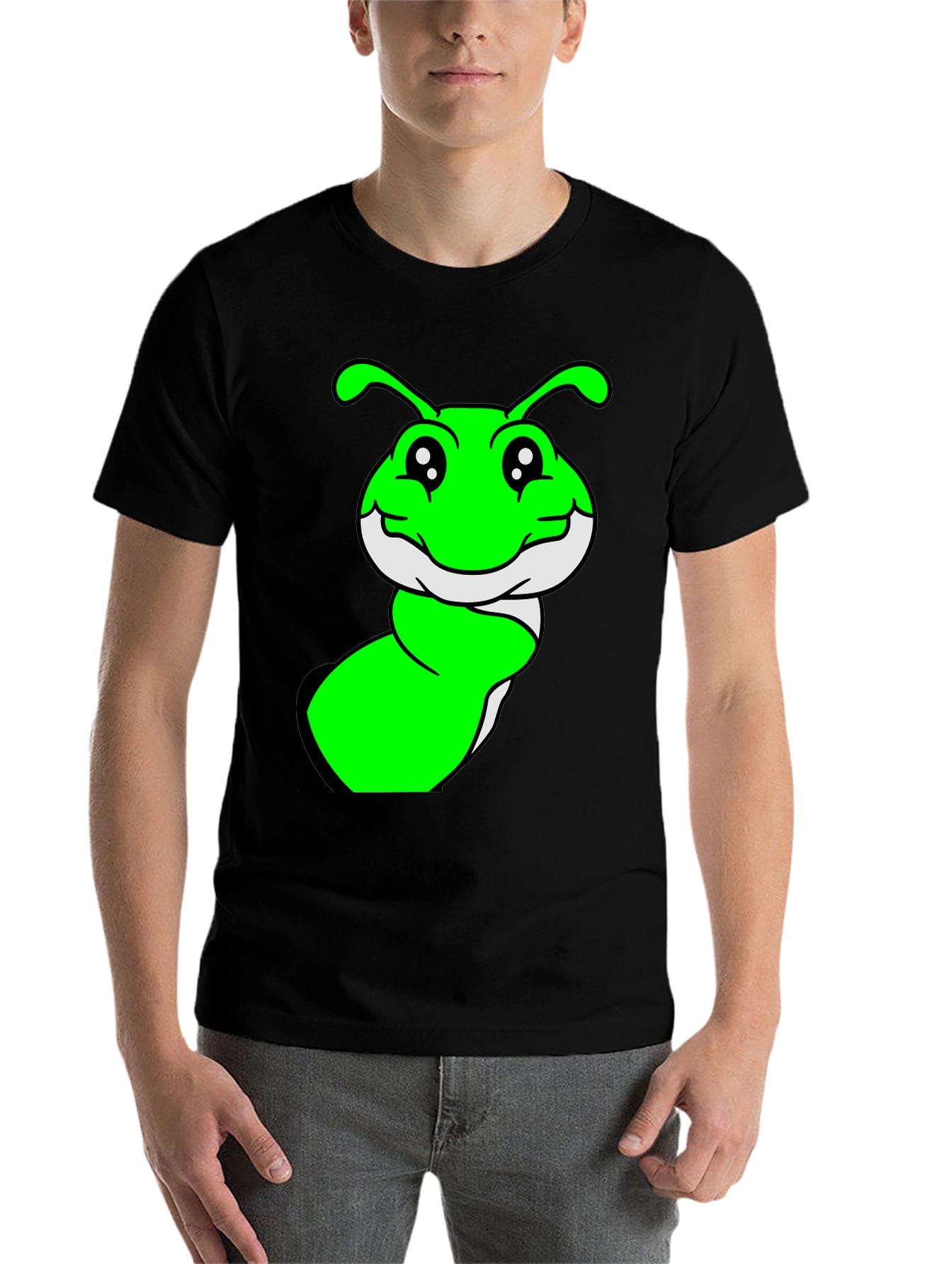 Black Green Cartoon Worm Graphic T-Shirt view 7