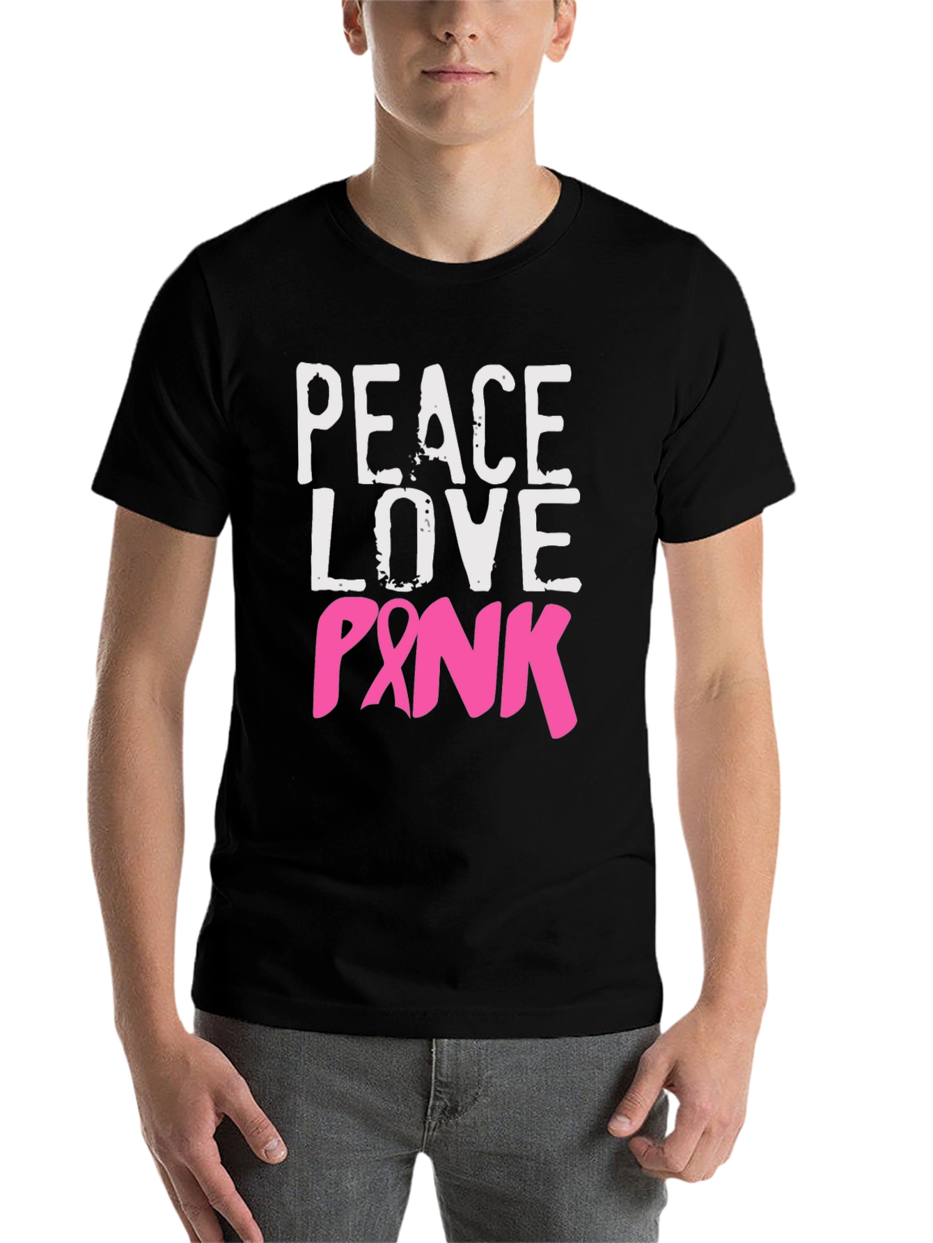 Black Peace Love Pink Breast Cancer Awareness T-Shirt view 7