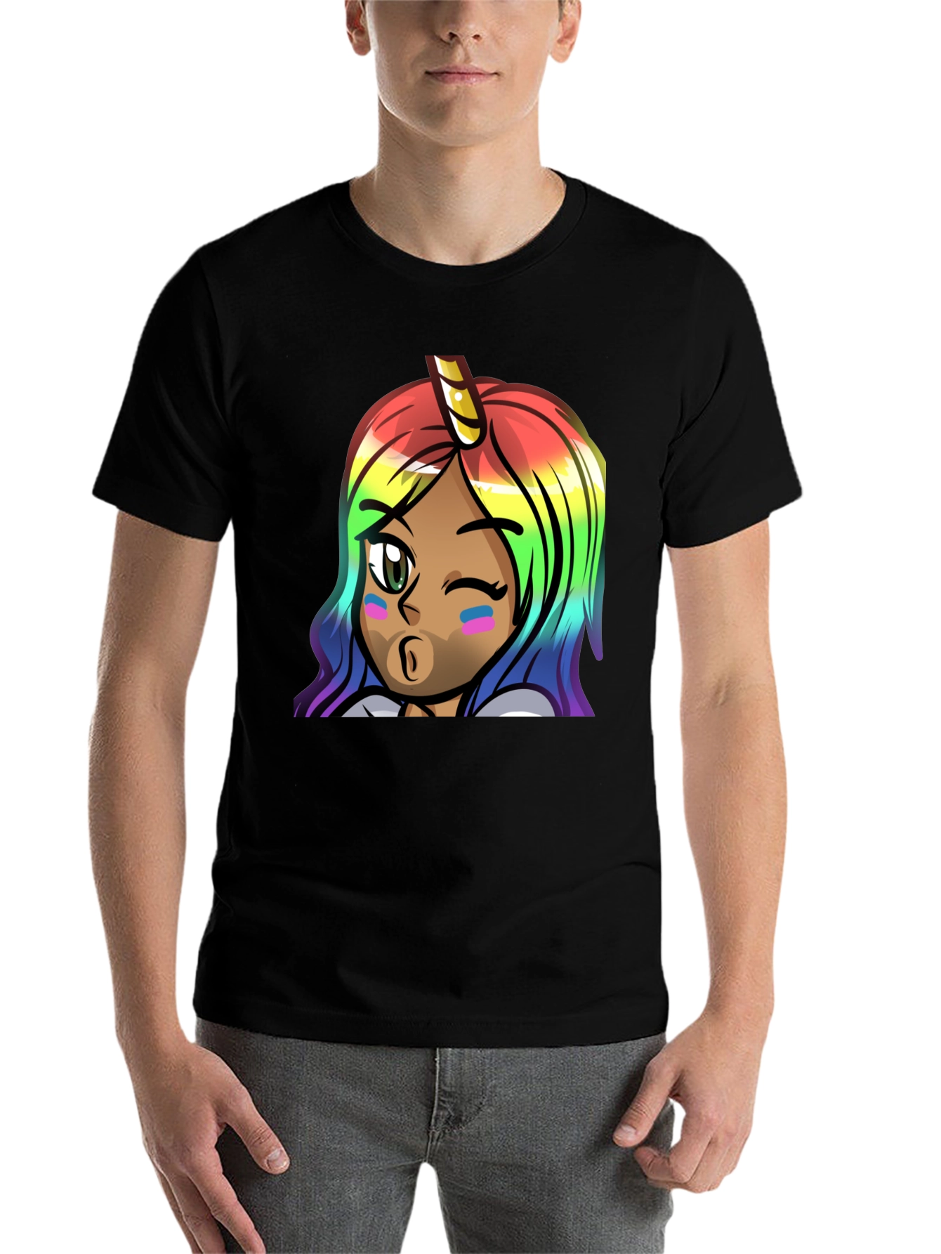 Black Rainbow Unicorn Girl Graphic Tee - Unisex view 7
