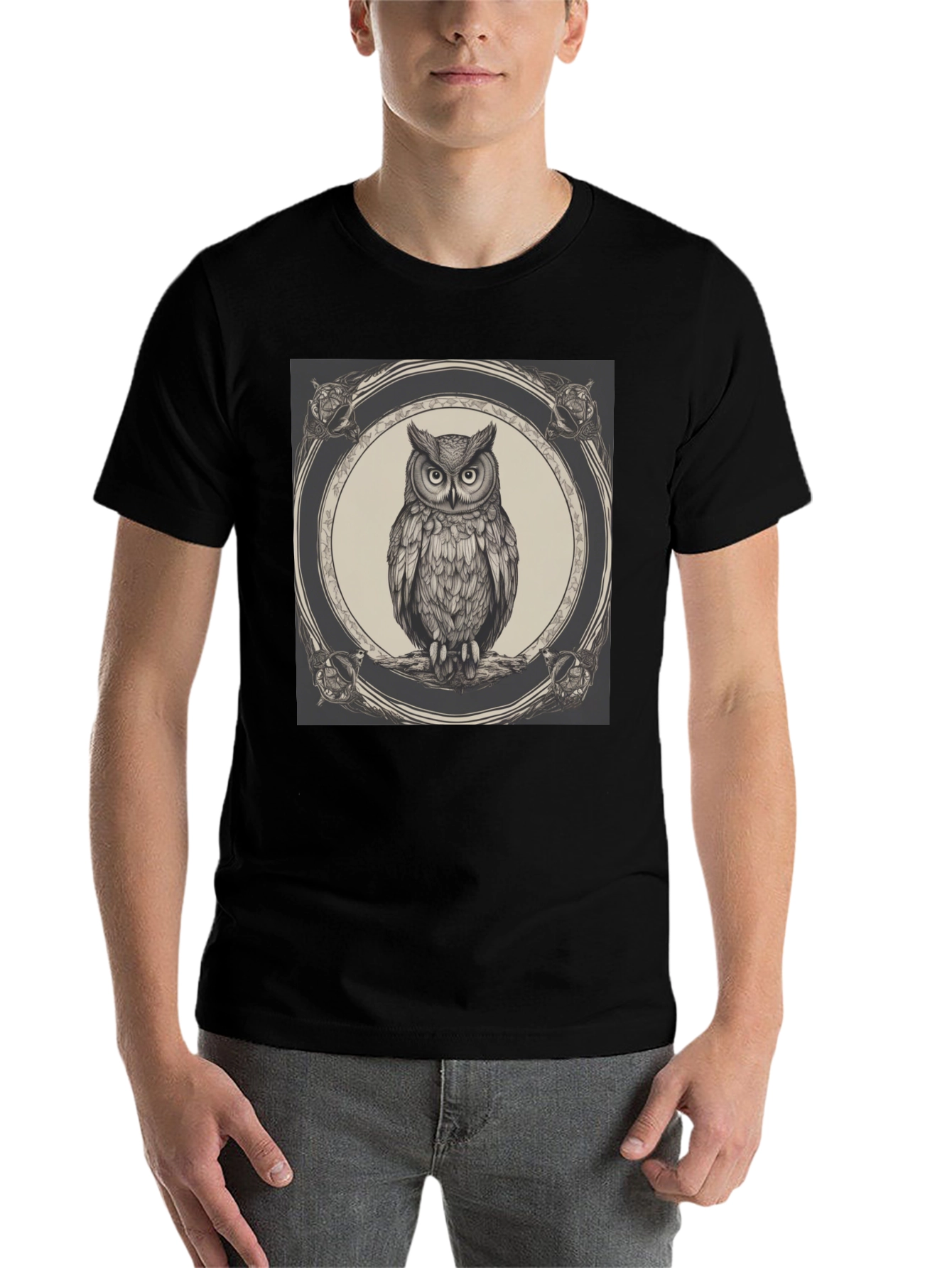 Black Owl Graphic Print Black Crew Neck T-Shirt view 7