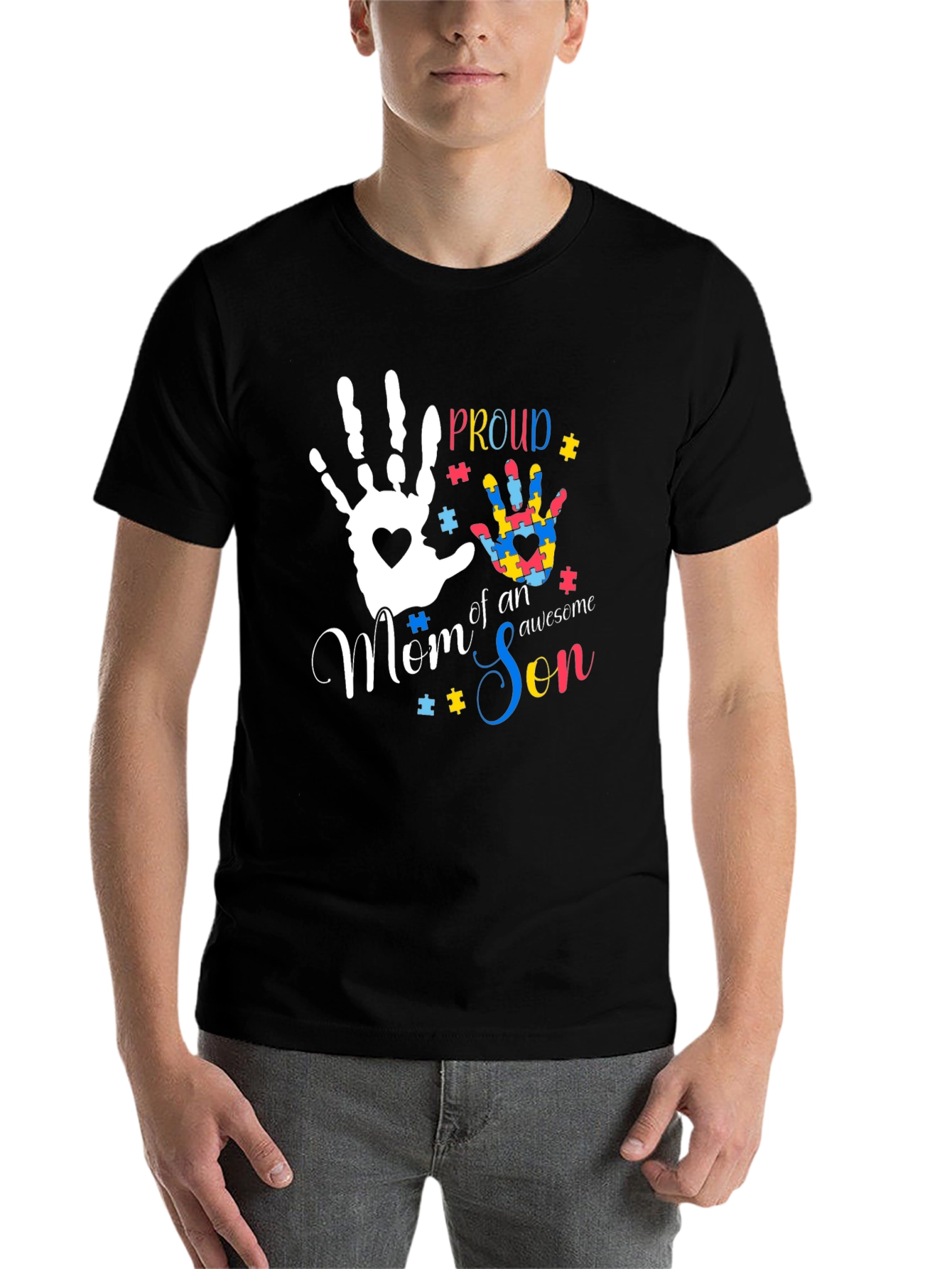 Black Proud Mom of an Awesome Son Autism Awareness T-Shirt view 7