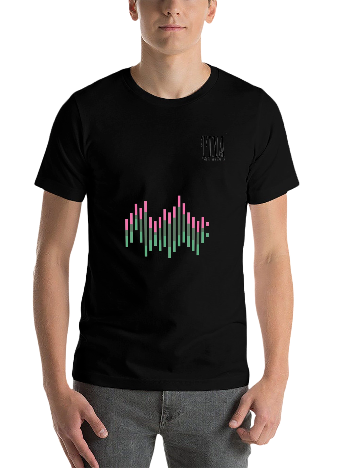 Black Stylish Black Graphic Tee: Pink & Green Wave Design view 7