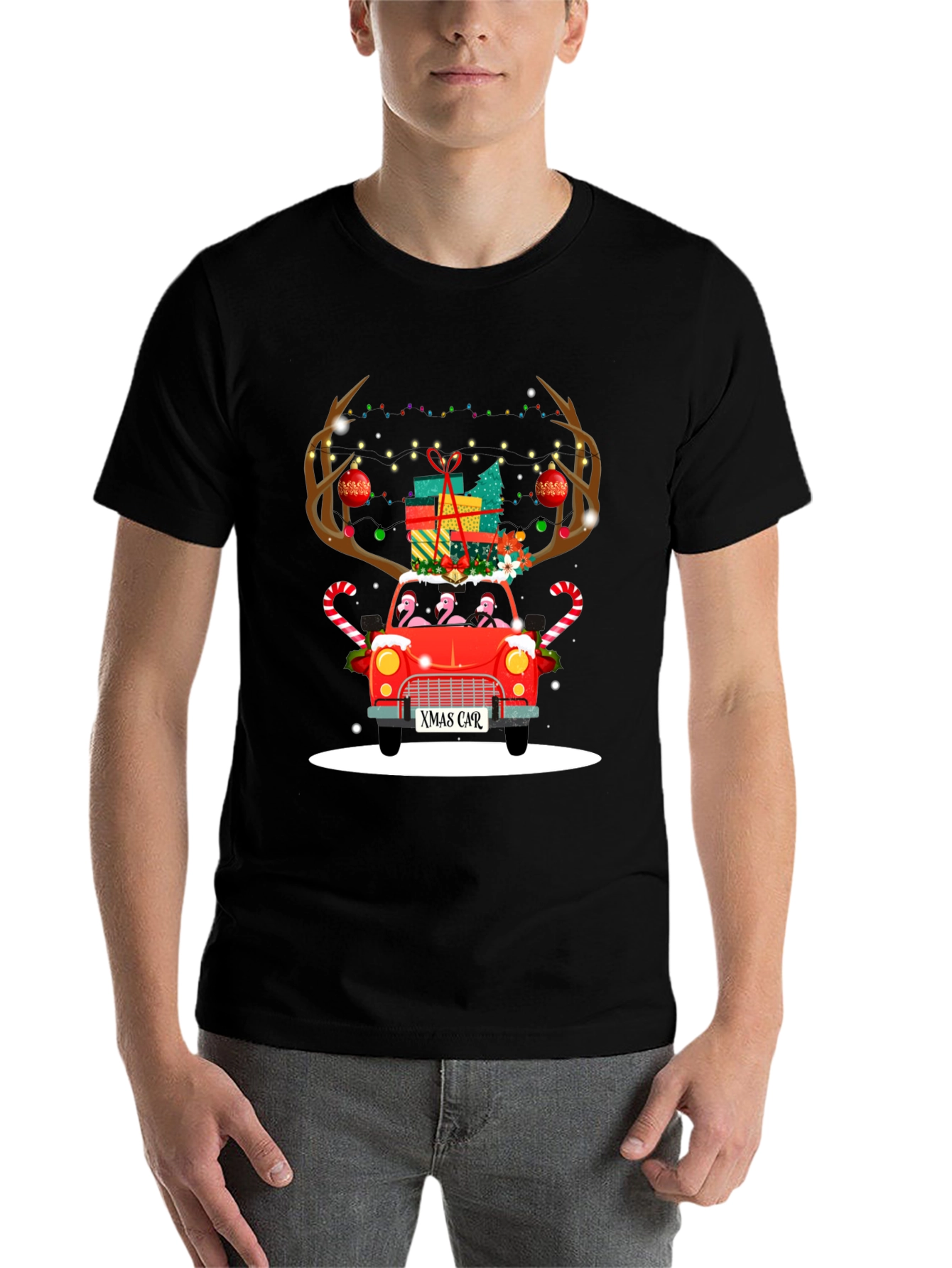 Black Festive Flamingo Xmas Car T-Shirt view 7