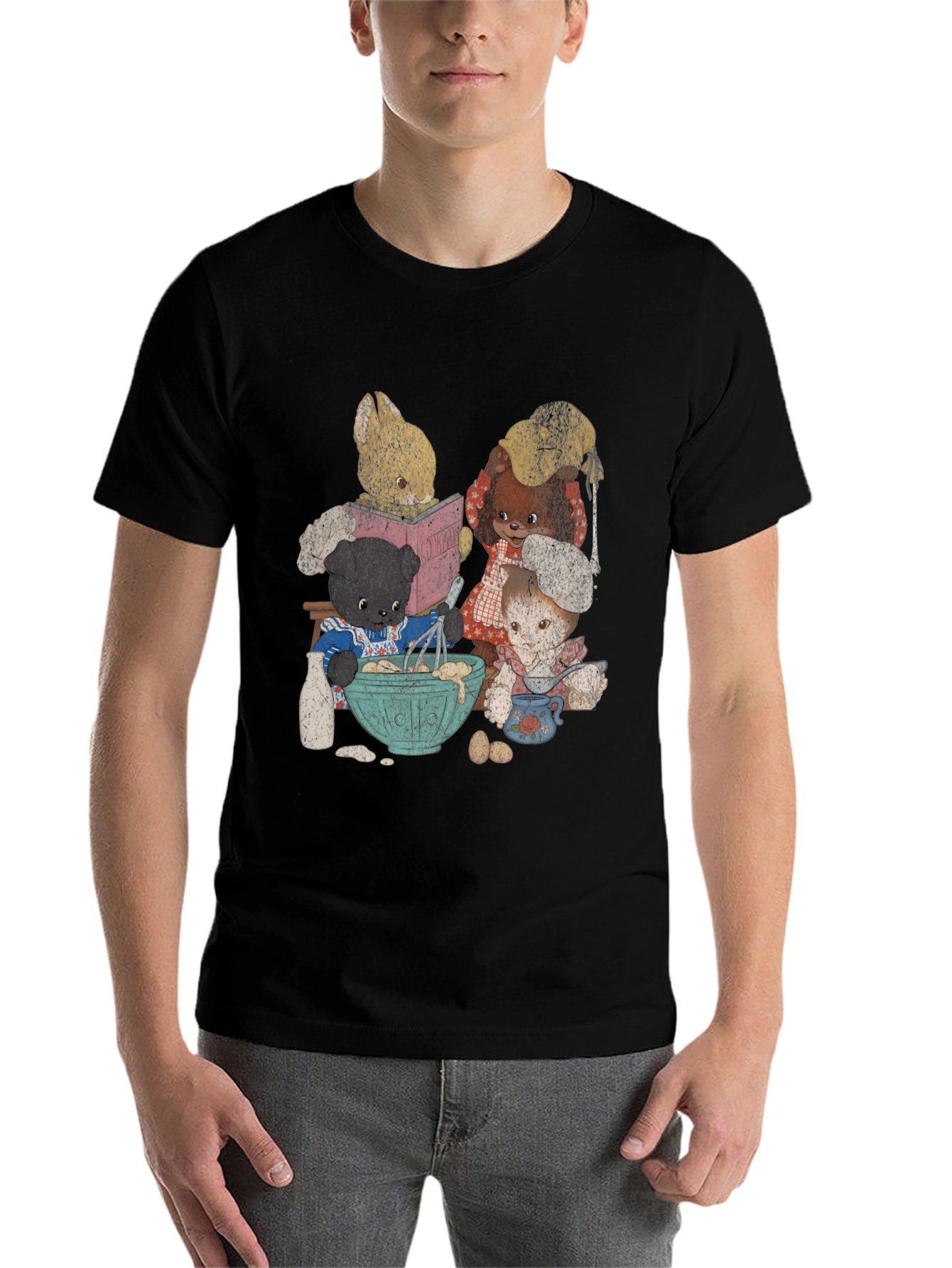 Black Retro Cartoon Animal Baking Crew Graphic Tee view 7