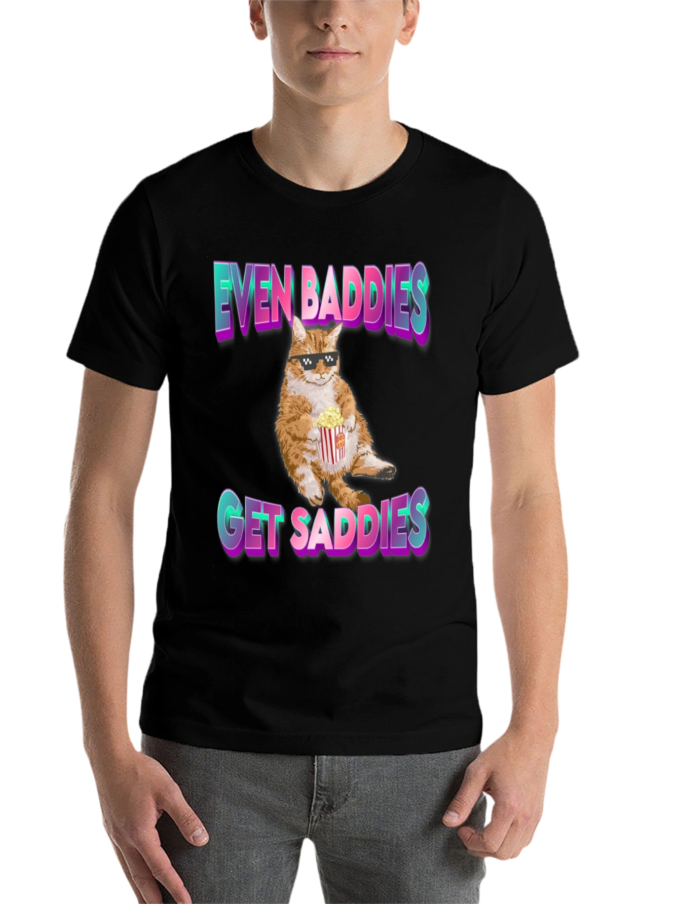 Black Even Baddies Get Saddies T-Shirt - Cat with Popcorn view 7
