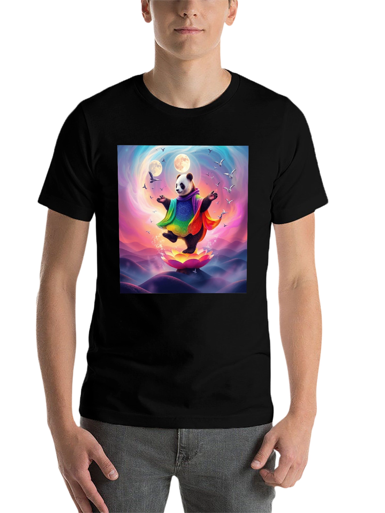 Black Zen Panda T-Shirt - Colorful Meditation Design view 7