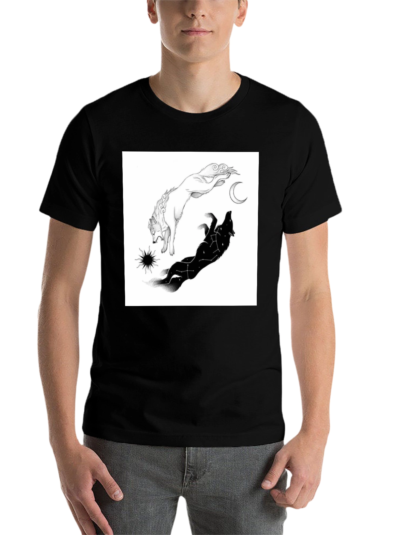 Black Yin Yang Wolf Graphic T-Shirt - Celestial Design view 7