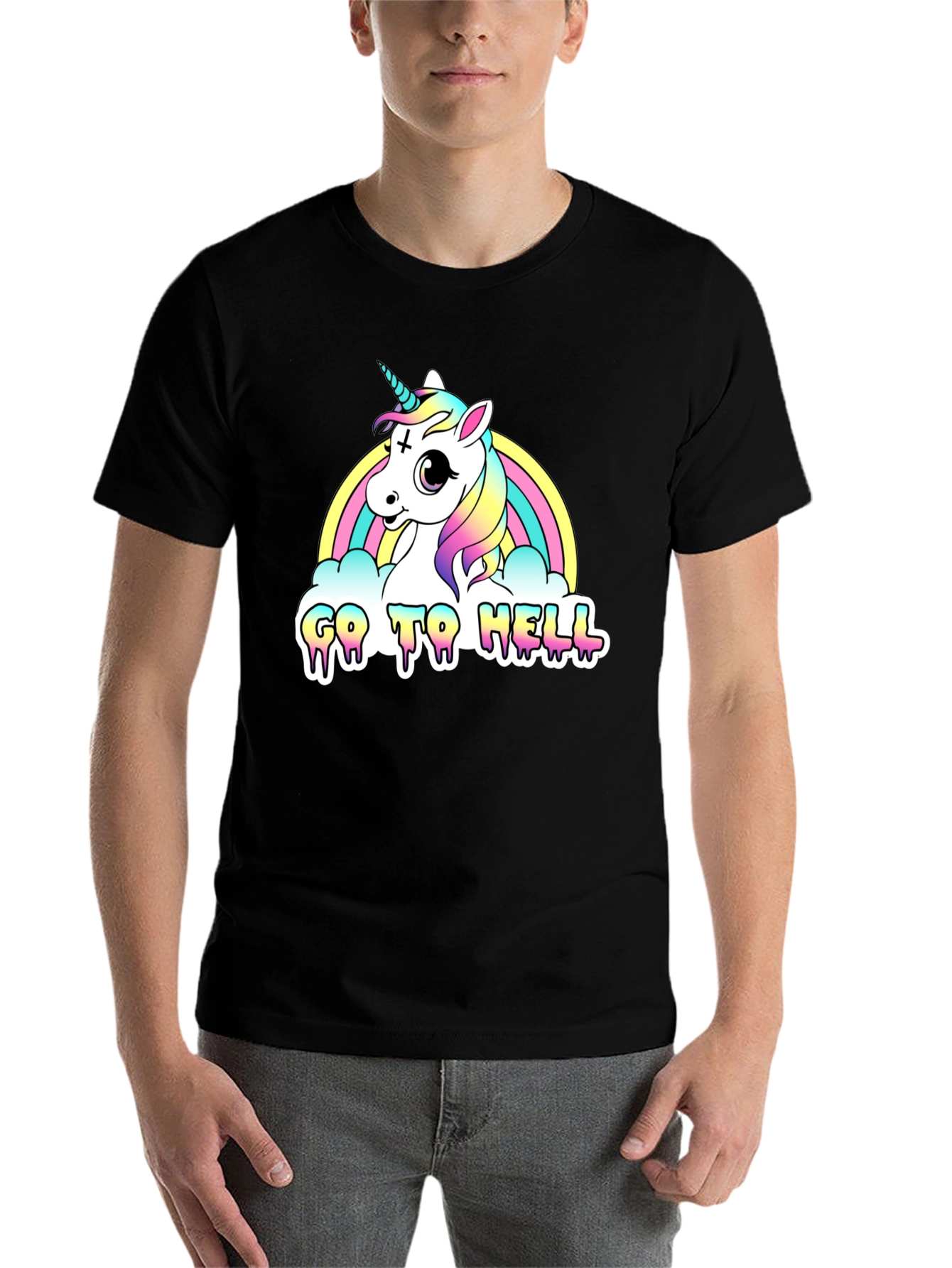 Black Unicorn Rainbow "Go To Hell" Black Graphic Tee view 7