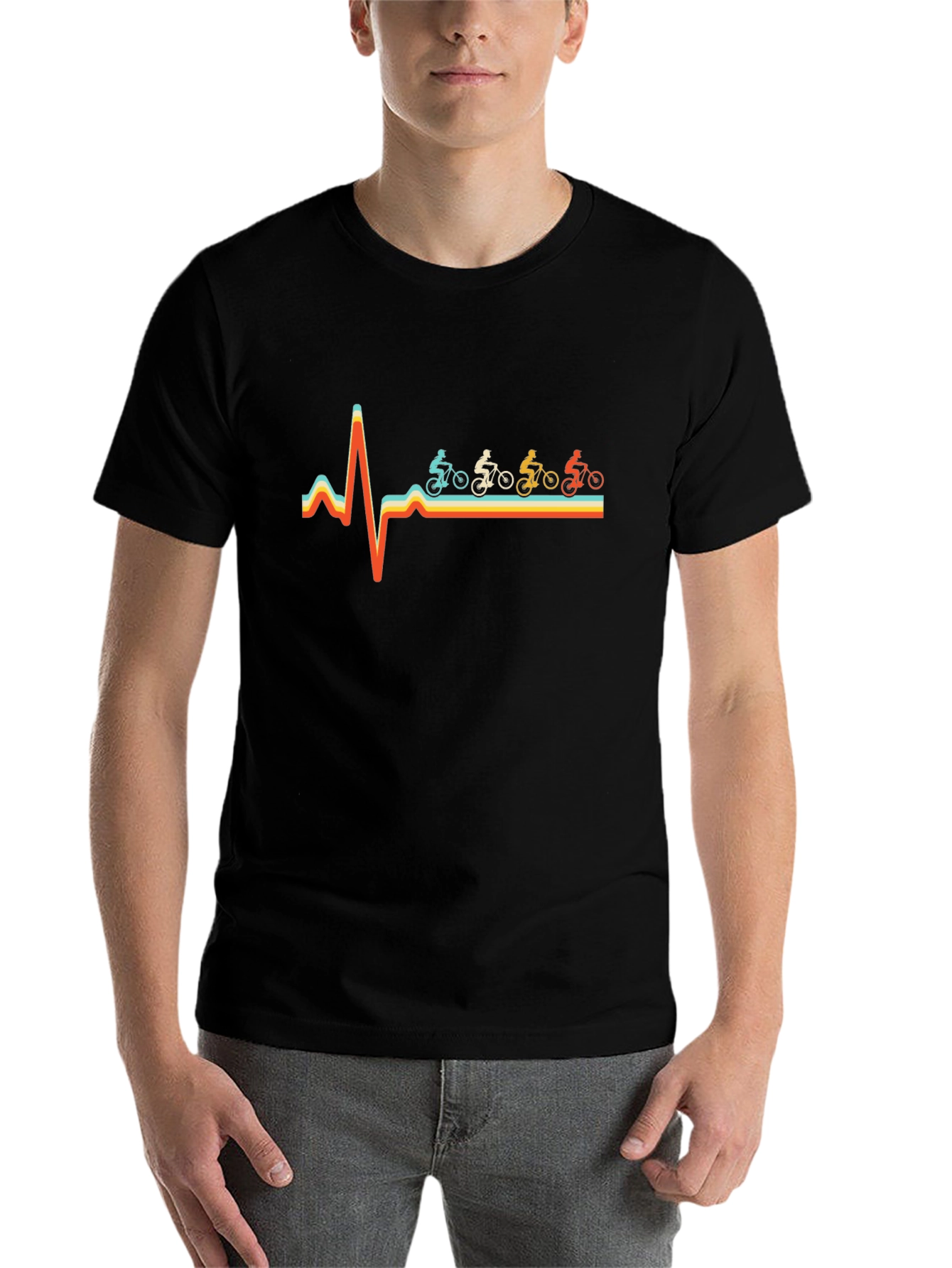 Black Cycling Heartbeat T-Shirt - Retro Design view 7