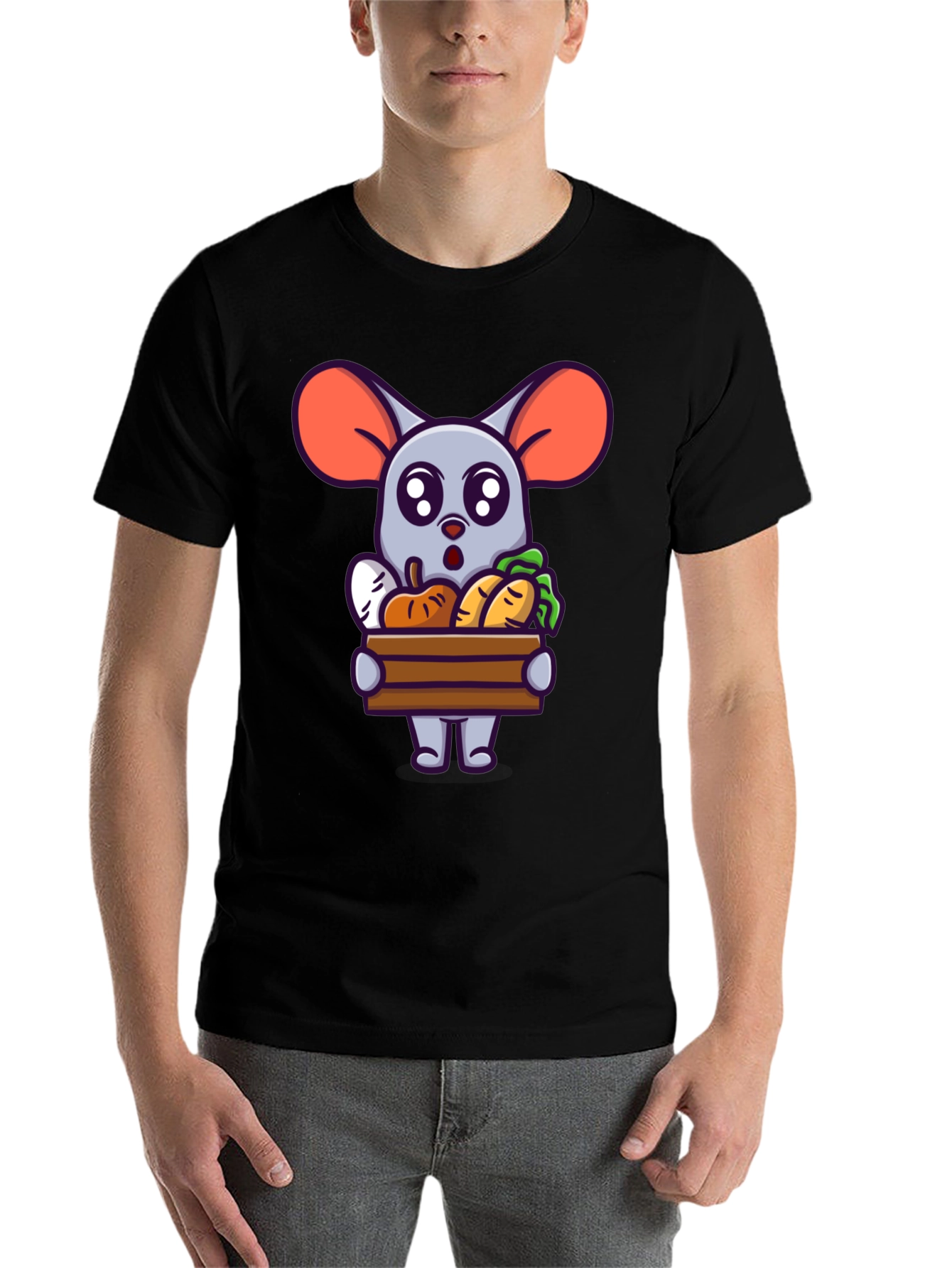 Black Cute Cartoon Mouse with Veggies T-Shirt view 7