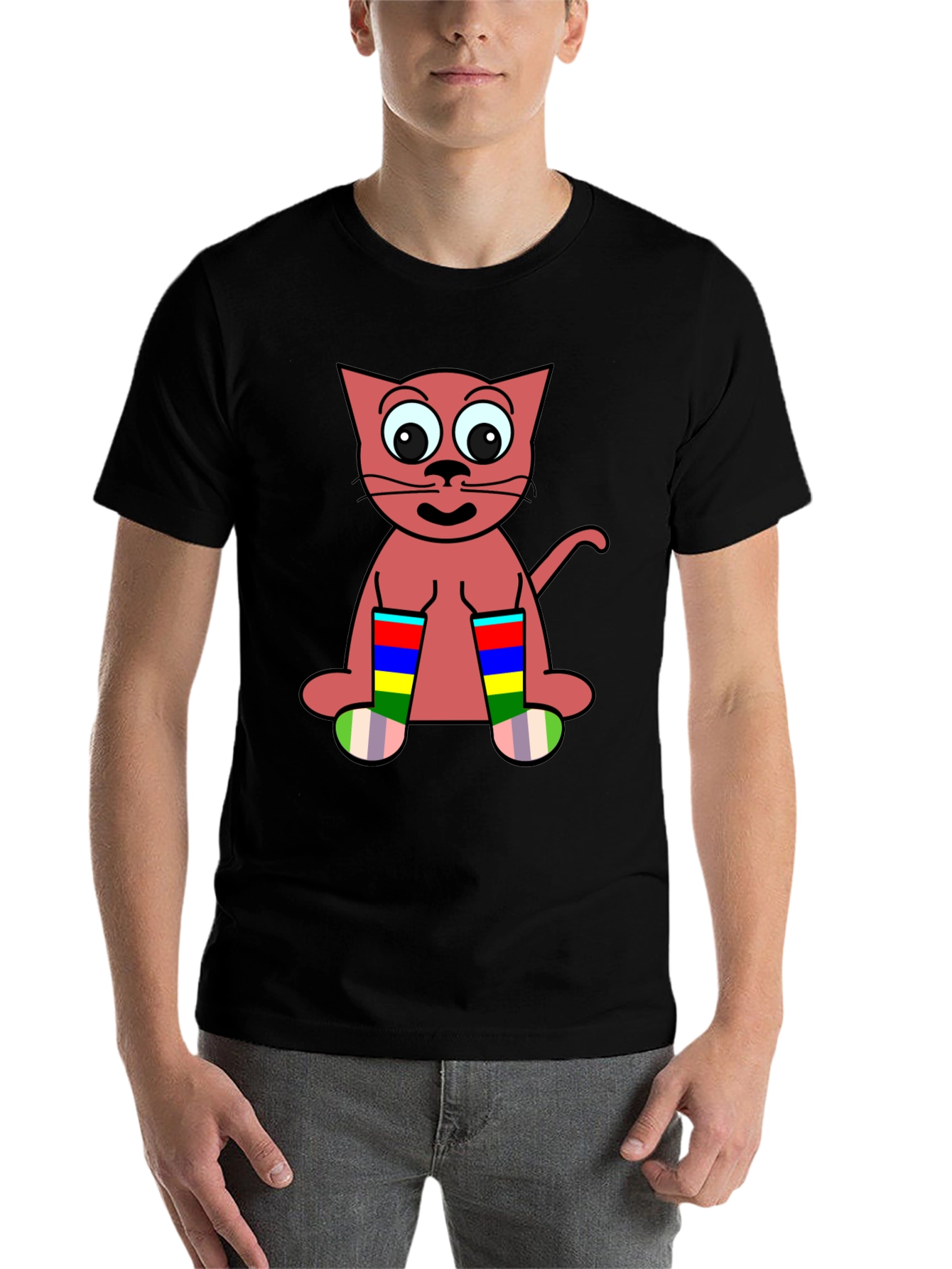 Black Cartoon Cat Rainbow Socks Black T-Shirt view 7