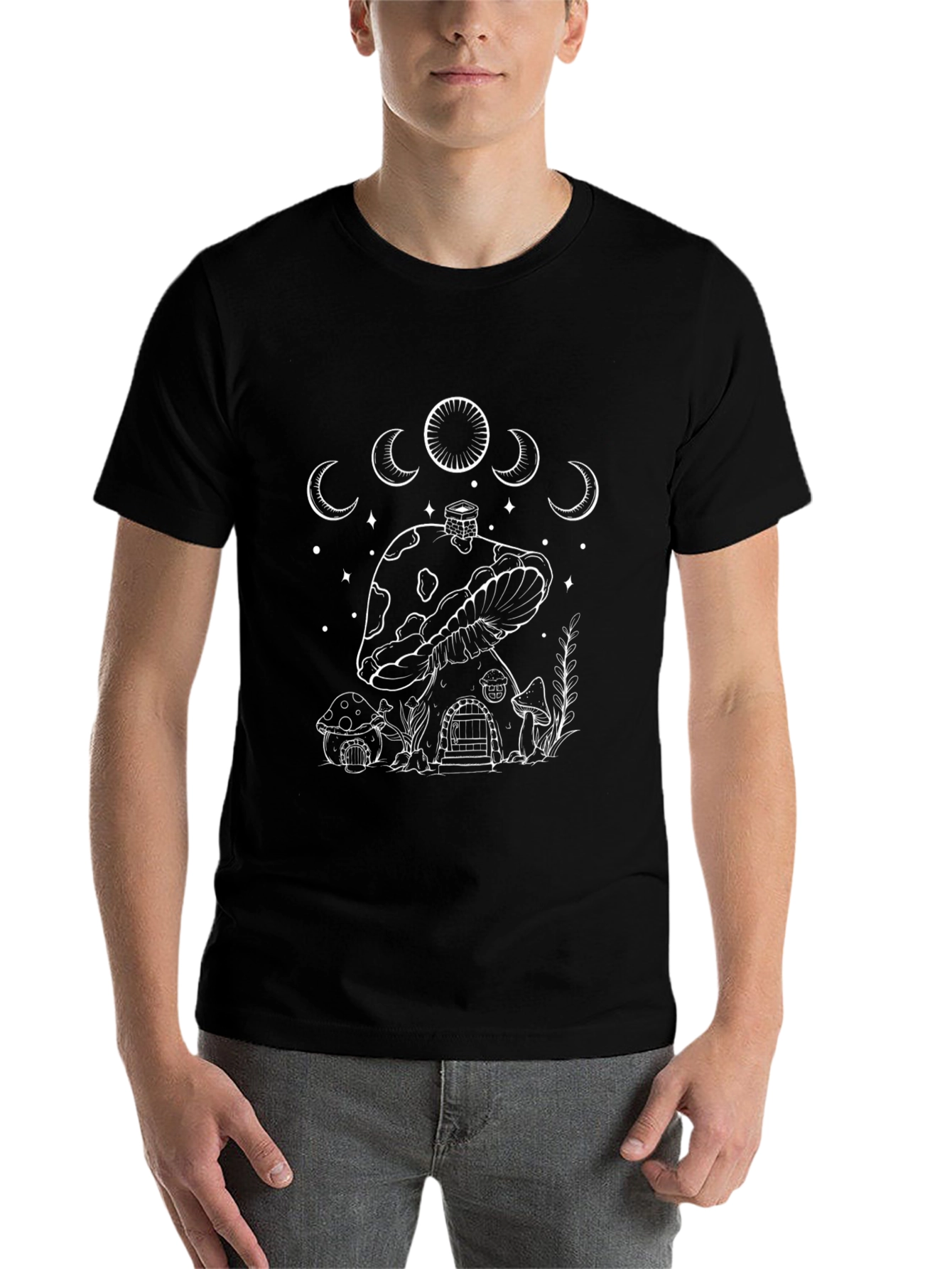 Black Mushroom House Graphic Tee - Black Cotton T-Shirt view 7