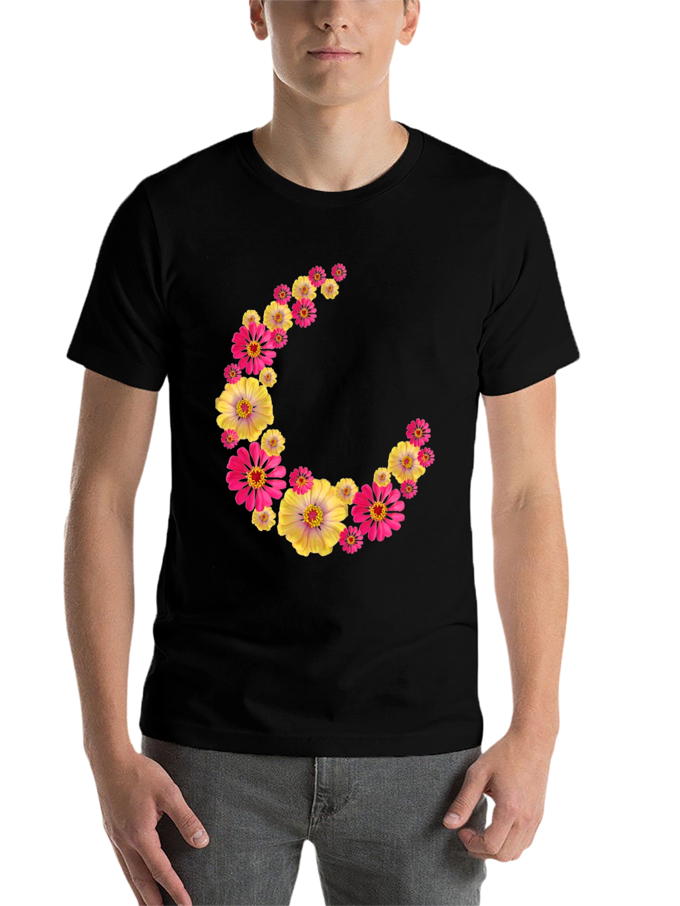 Black Floral Crescent Moon Black T-Shirt view 7