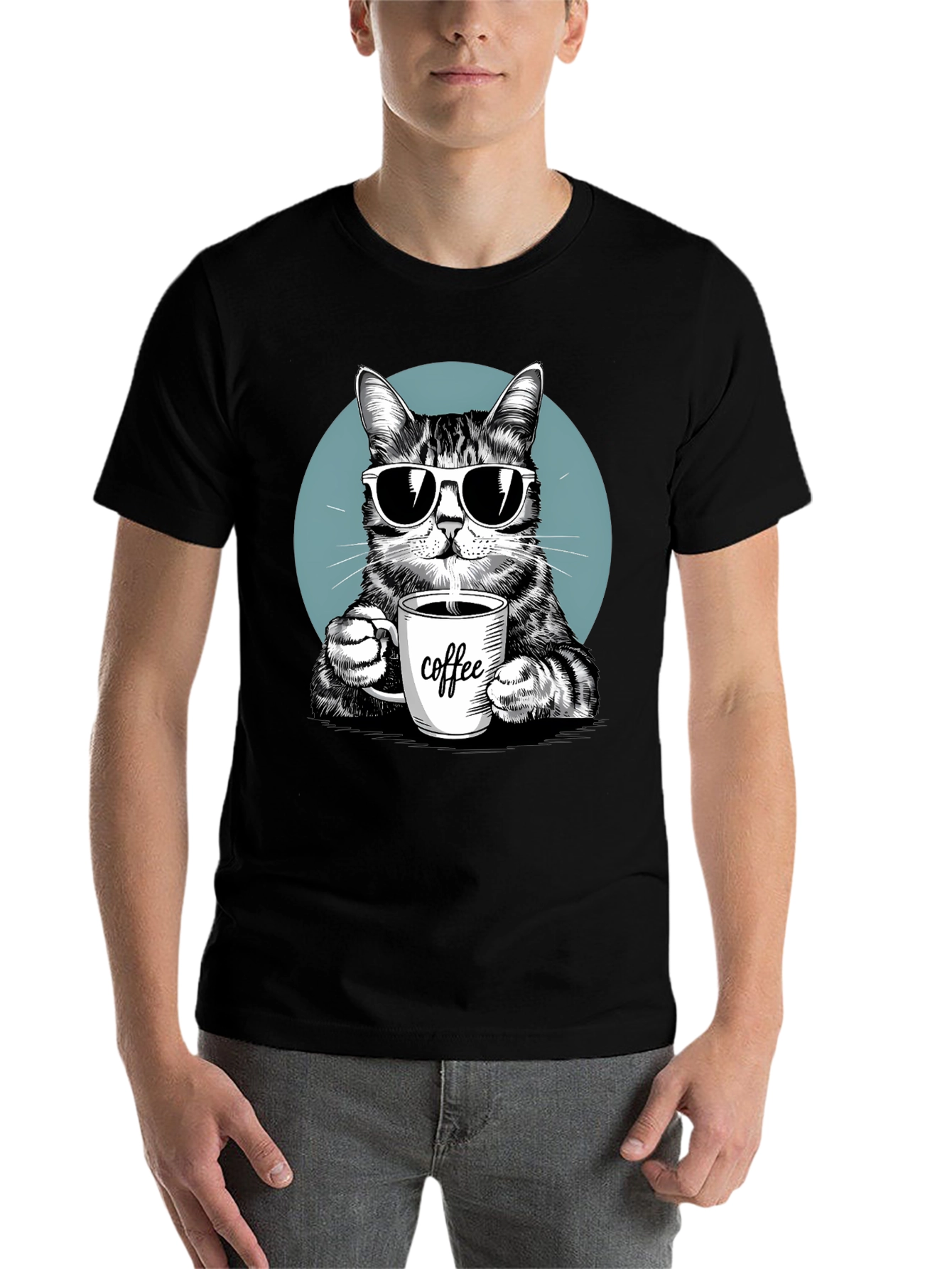 Black Cool Cat Coffee Lover Graphic T-Shirt view 7