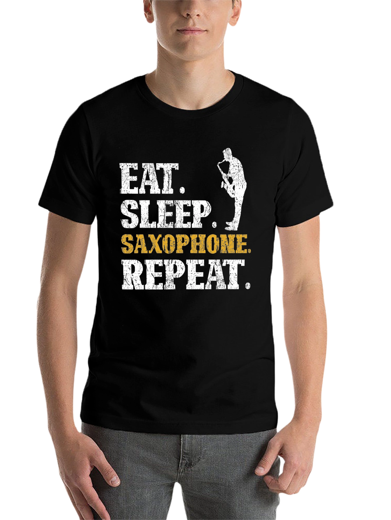 Black Eat Sleep Saxophone Repeat T-Shirt - Musician Tee view 7
