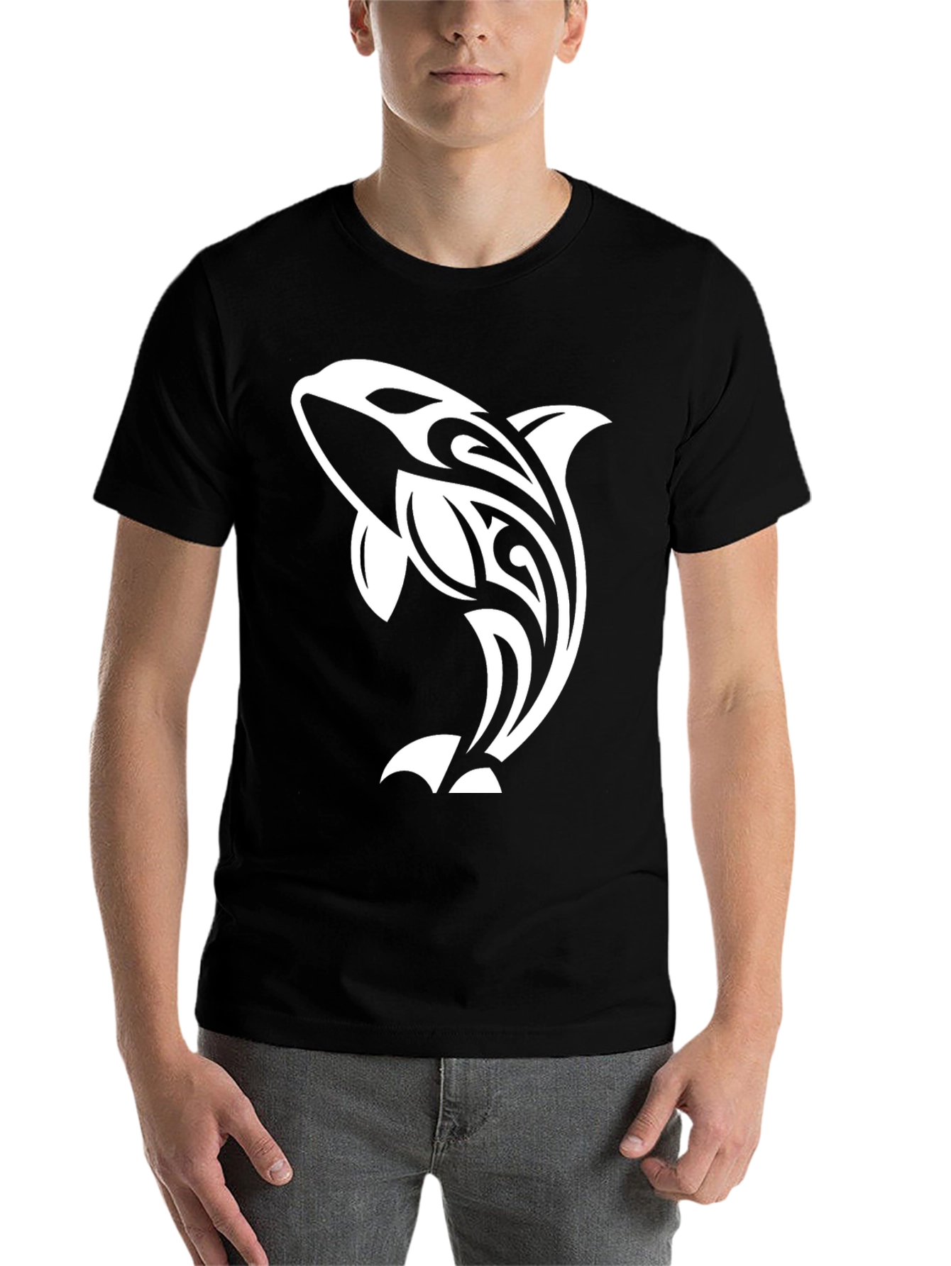 Black Orca Whale Tribal Design Black T-Shirt view 7