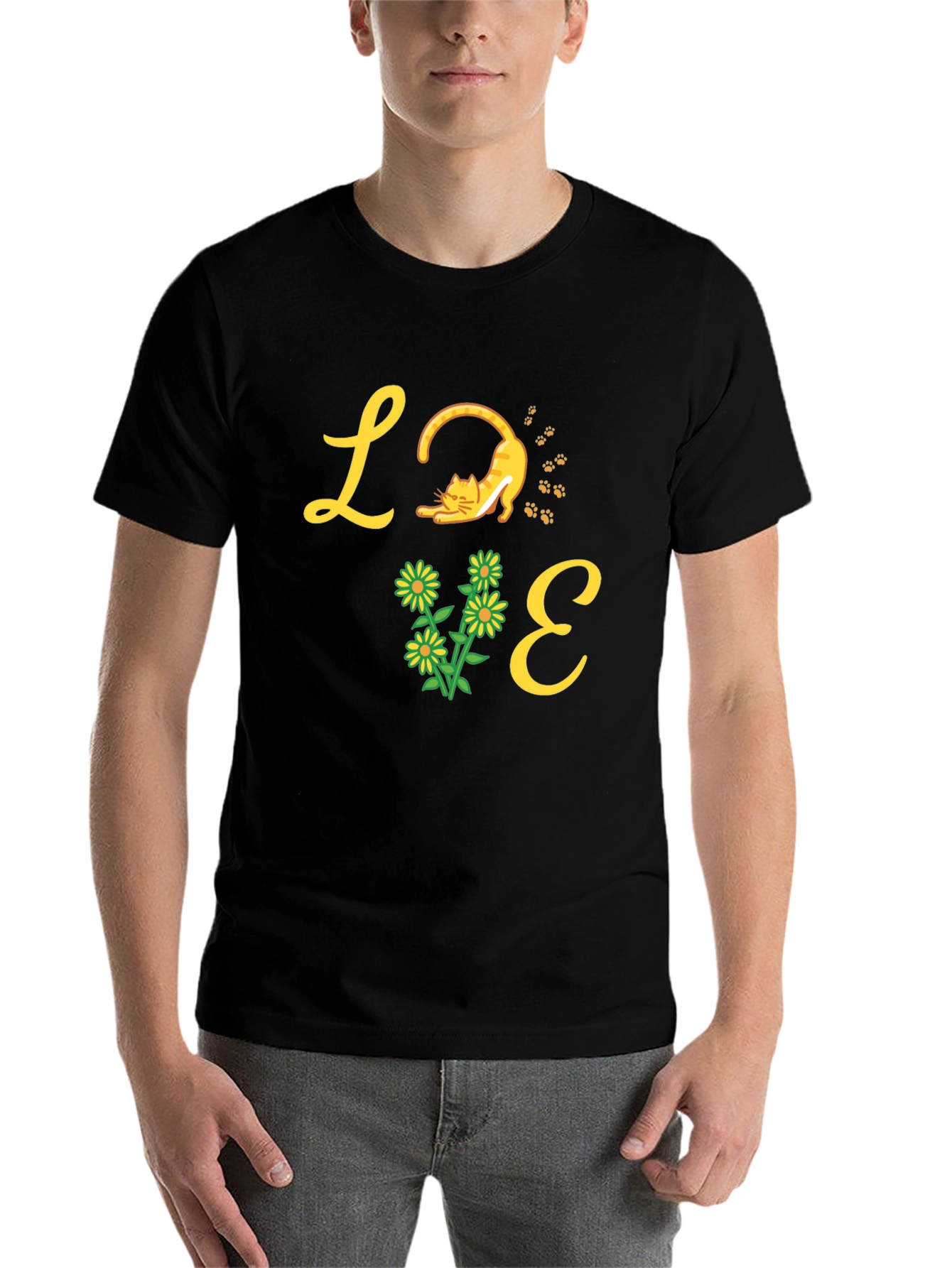Black Love Cat & Flower Graphic T-Shirt - Black view 7