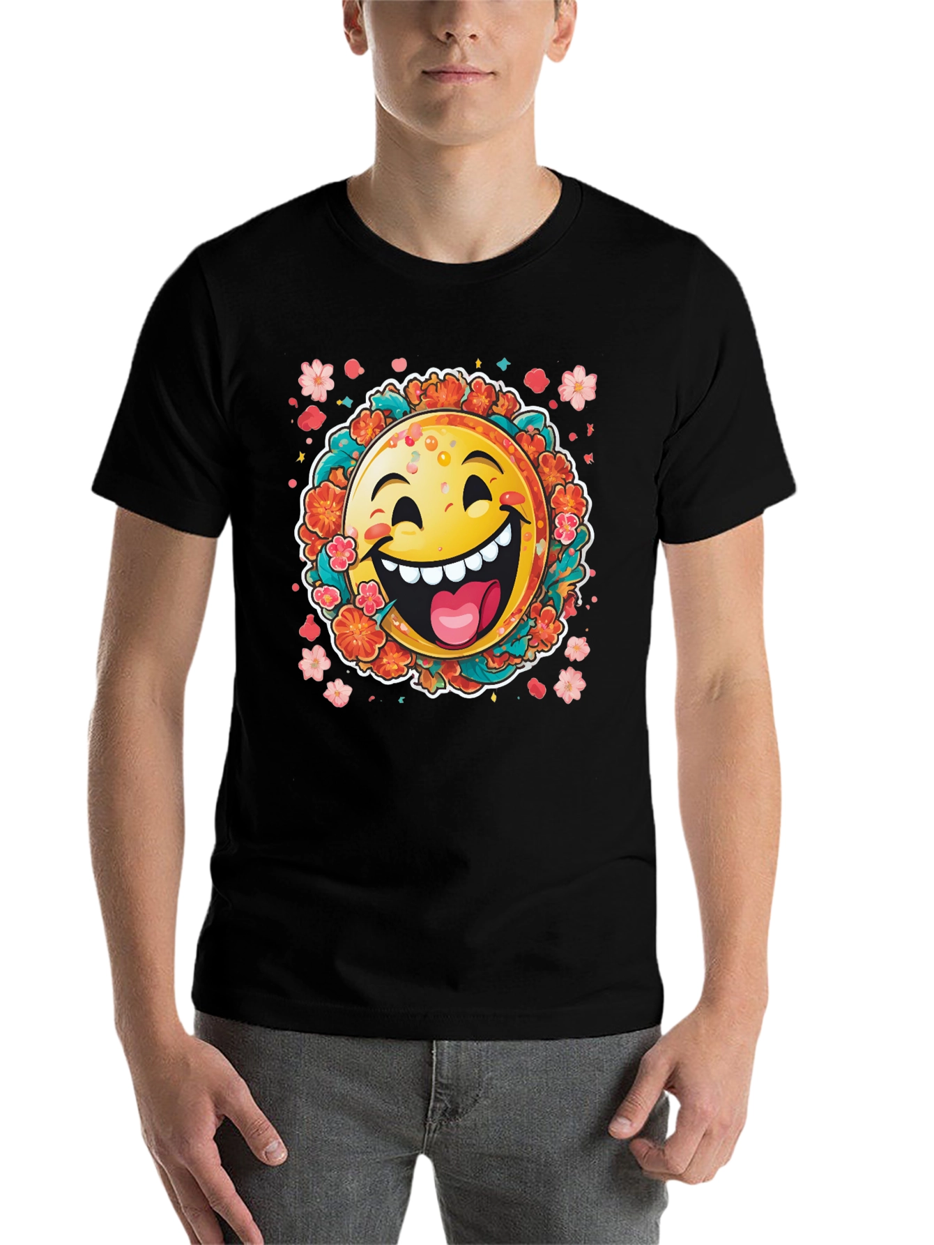 Black Happy Emoji Graphic T-Shirt - Fun Floral Design view 7