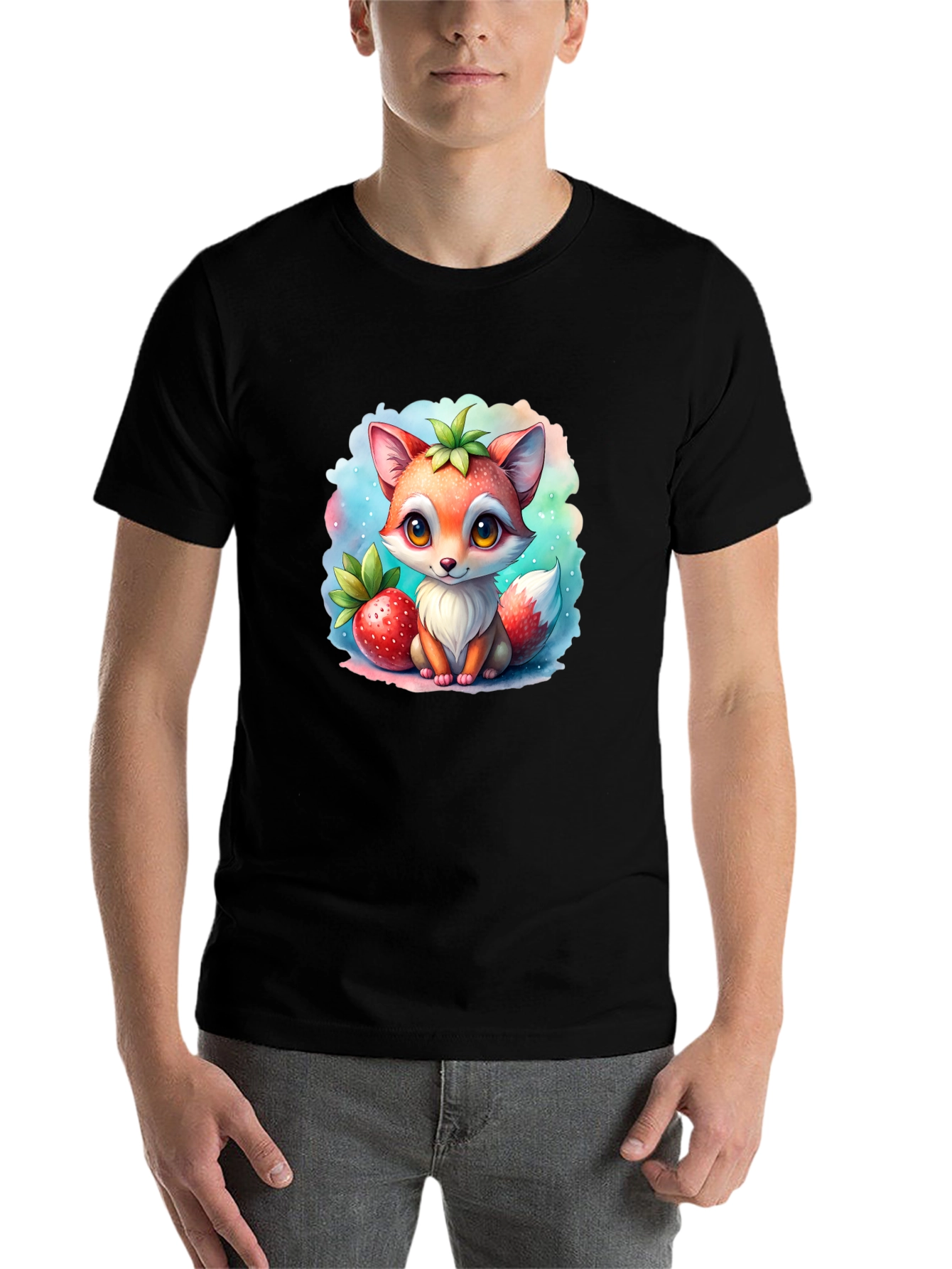 Black Cute Cartoon Fox Strawberry T-Shirt view 7