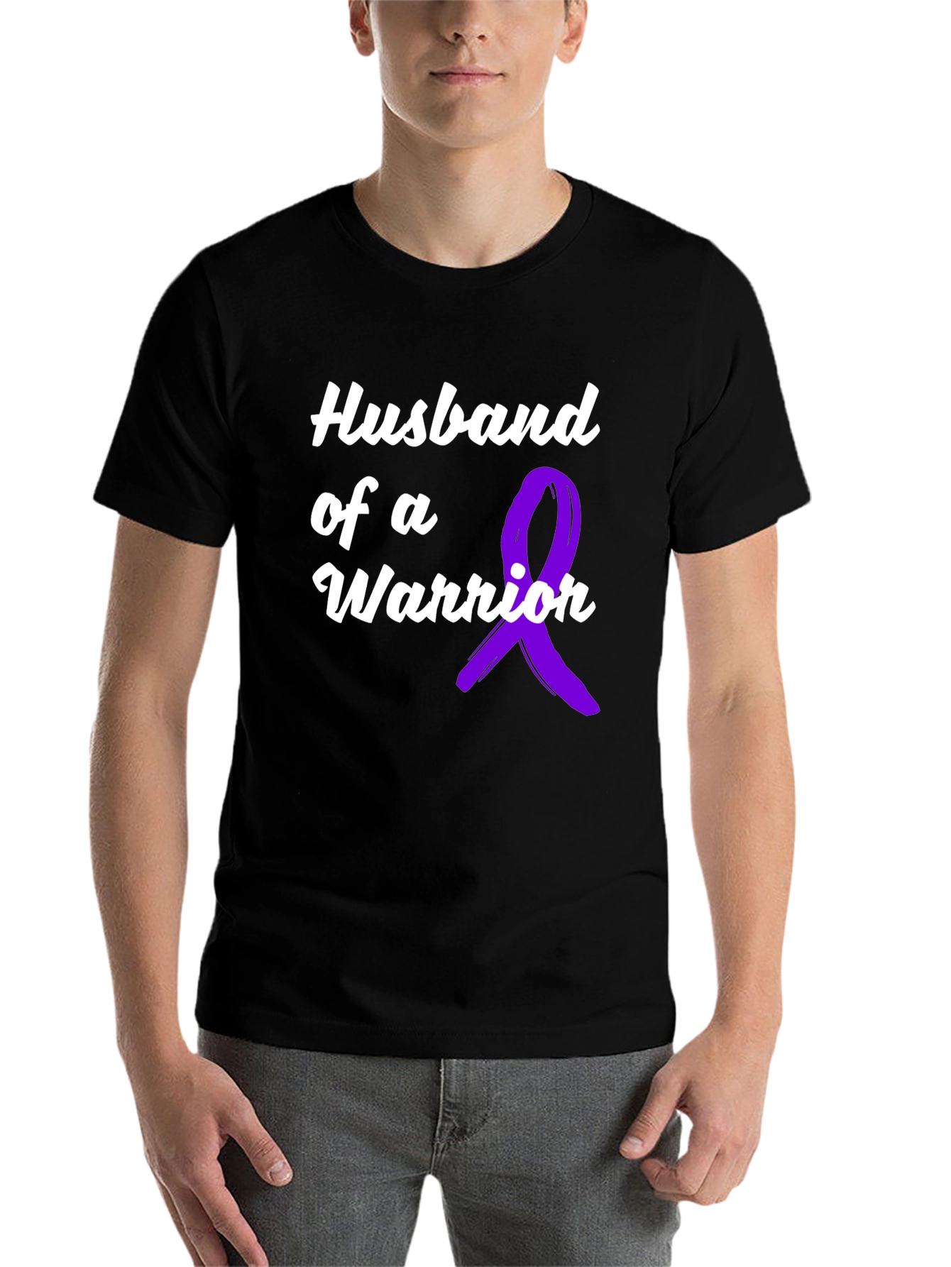 Black Husband of a Warrior Black T-Shirt Awareness Purple Ribbon view 7