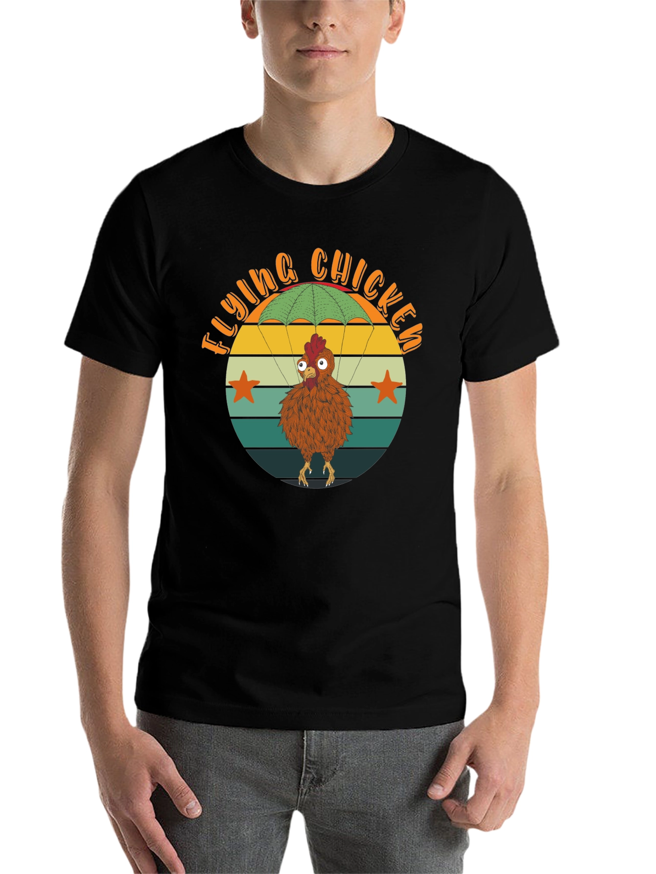Black Flying Chicken T-Shirt - Funny Parachute Chicken Tee view 7