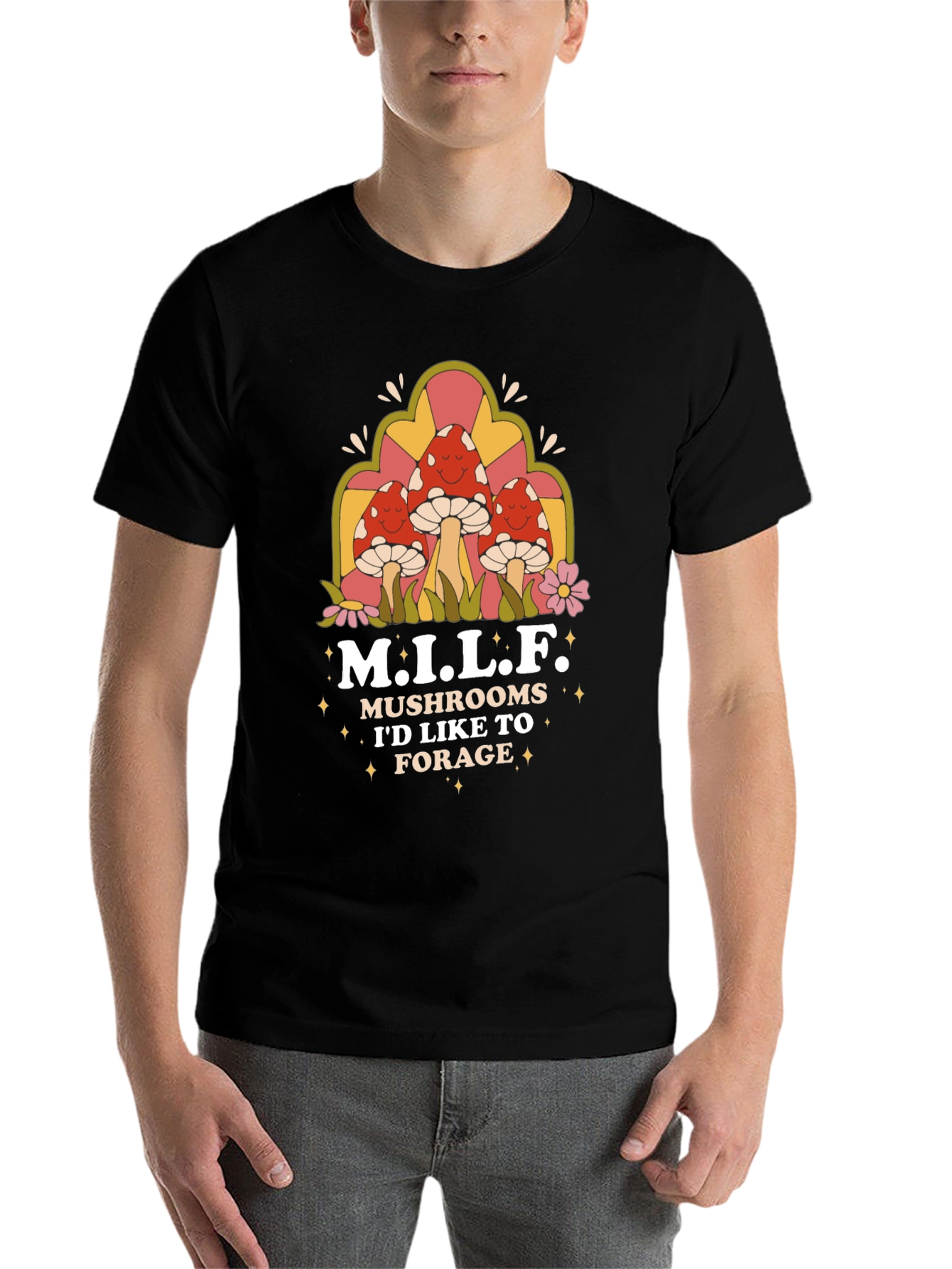 Black M.I.L.F Mushrooms Black T-Shirt view 7