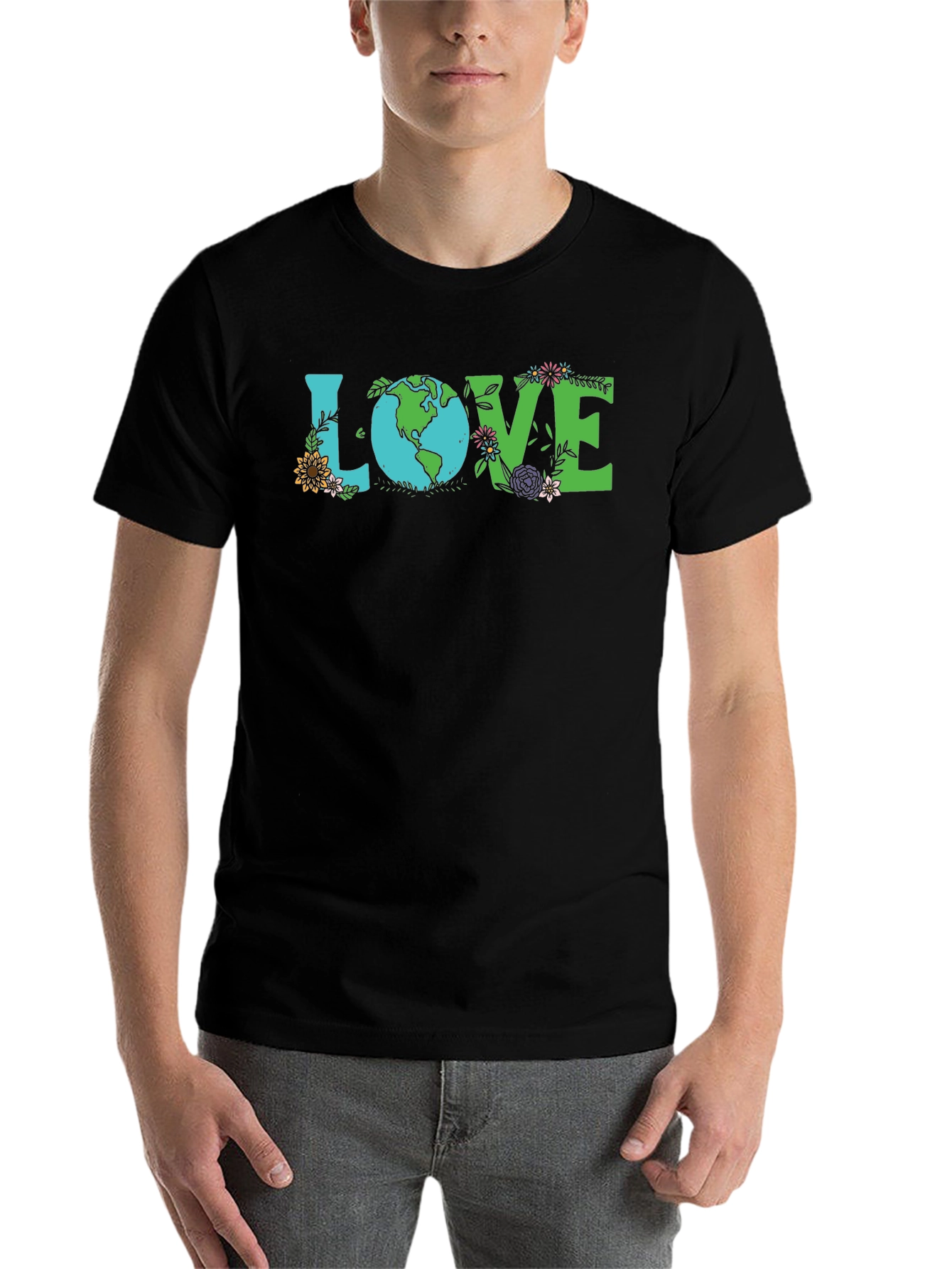 Black Love Earth T-Shirt - Floral Design view 7