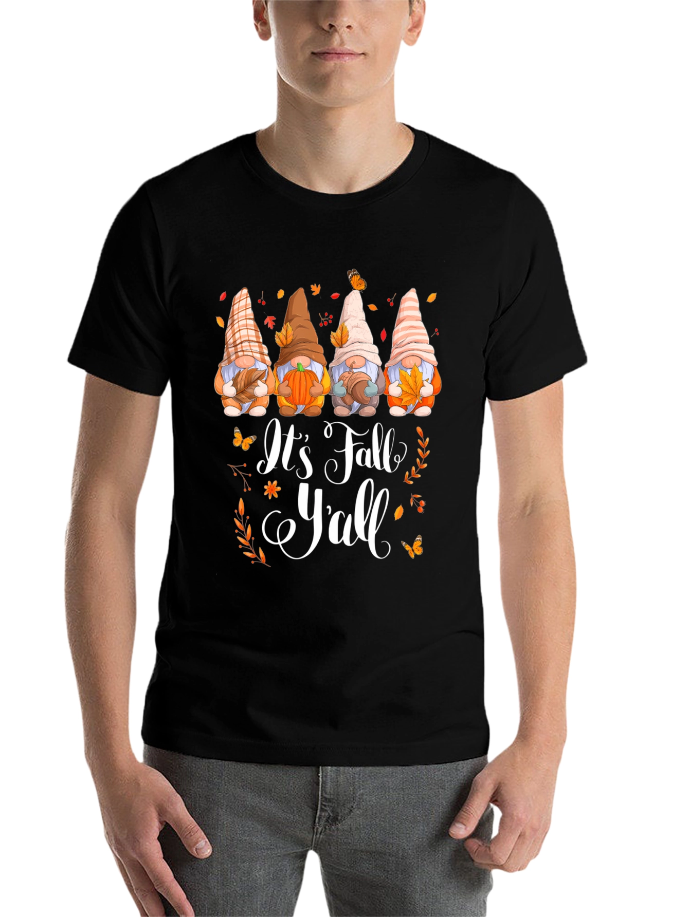 Black It's Fall Y'all Gnomes Graphic T-Shirt view 7
