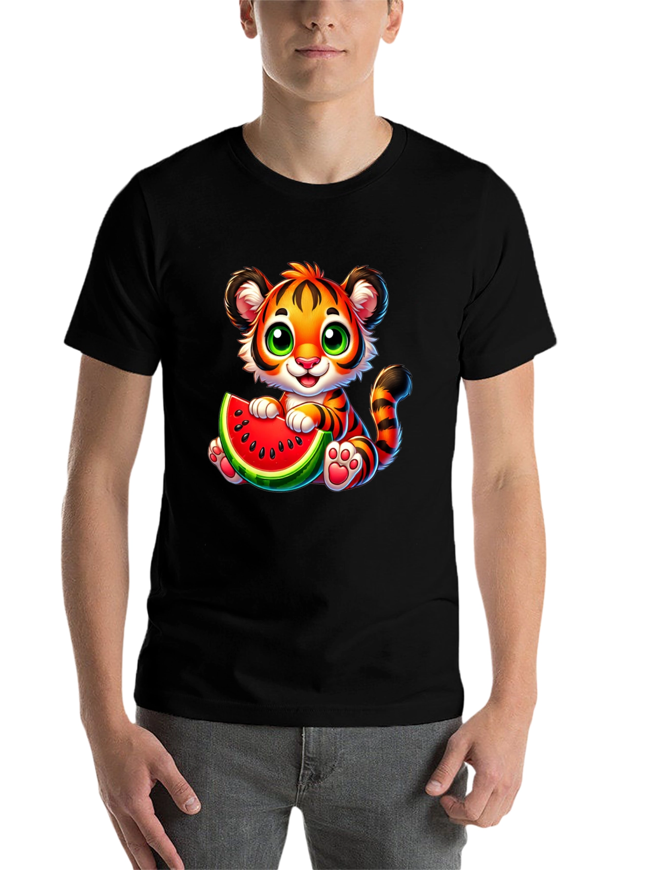 Black Cute Tiger Watermelon Graphic Tee - Fun Summer Style view 7