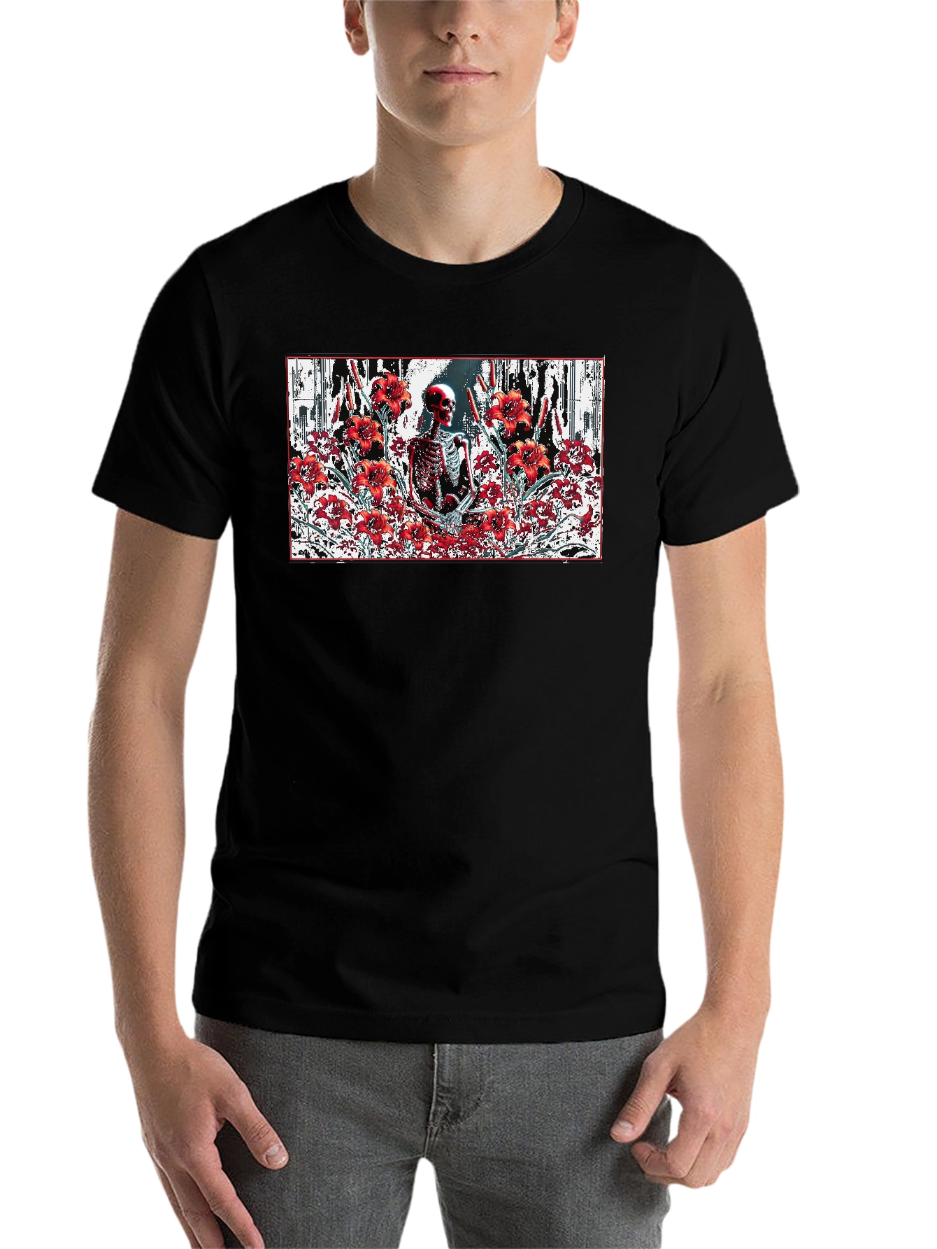 Black Skeleton in Floral T-Shirt - Gothic Style view 7
