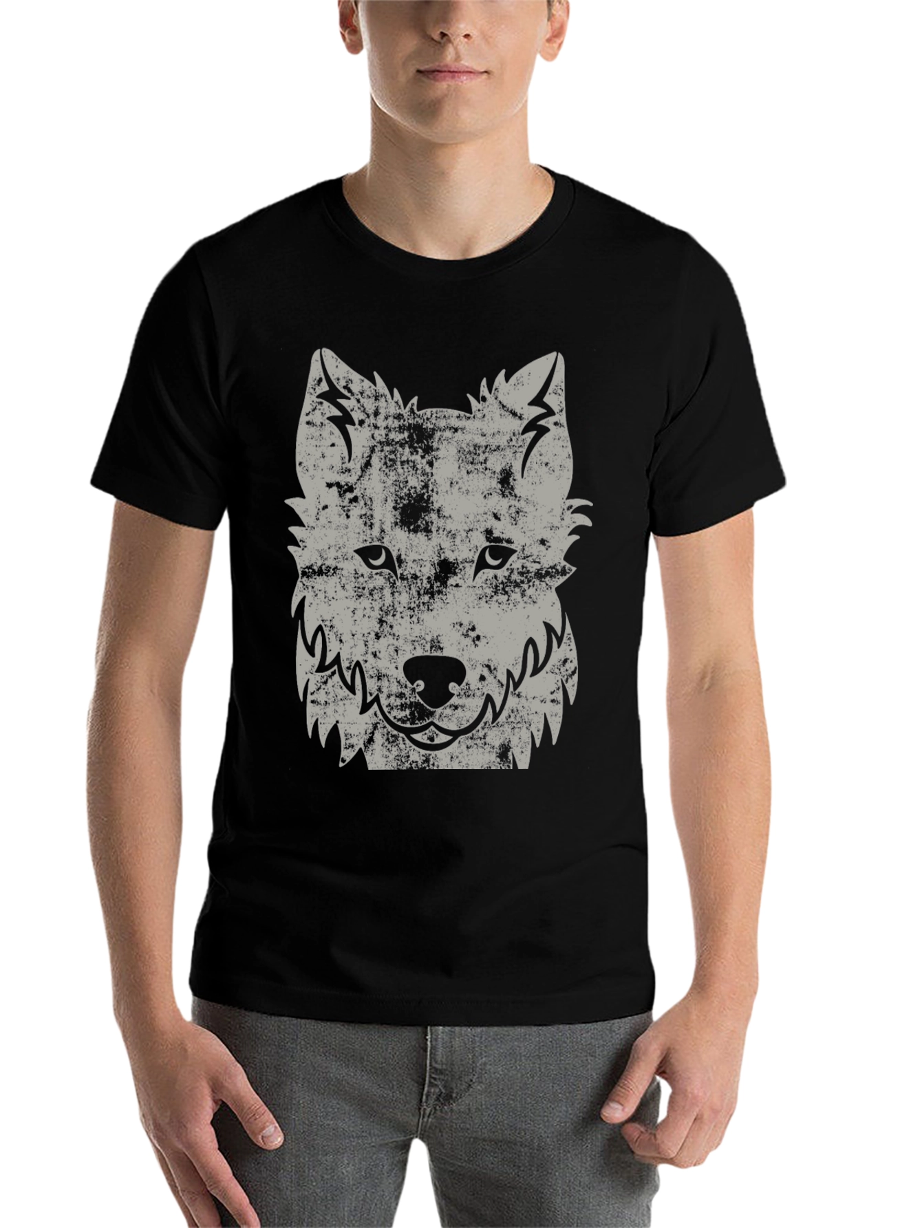 Black Distressed Wolf Graphic Black T-Shirt view 7
