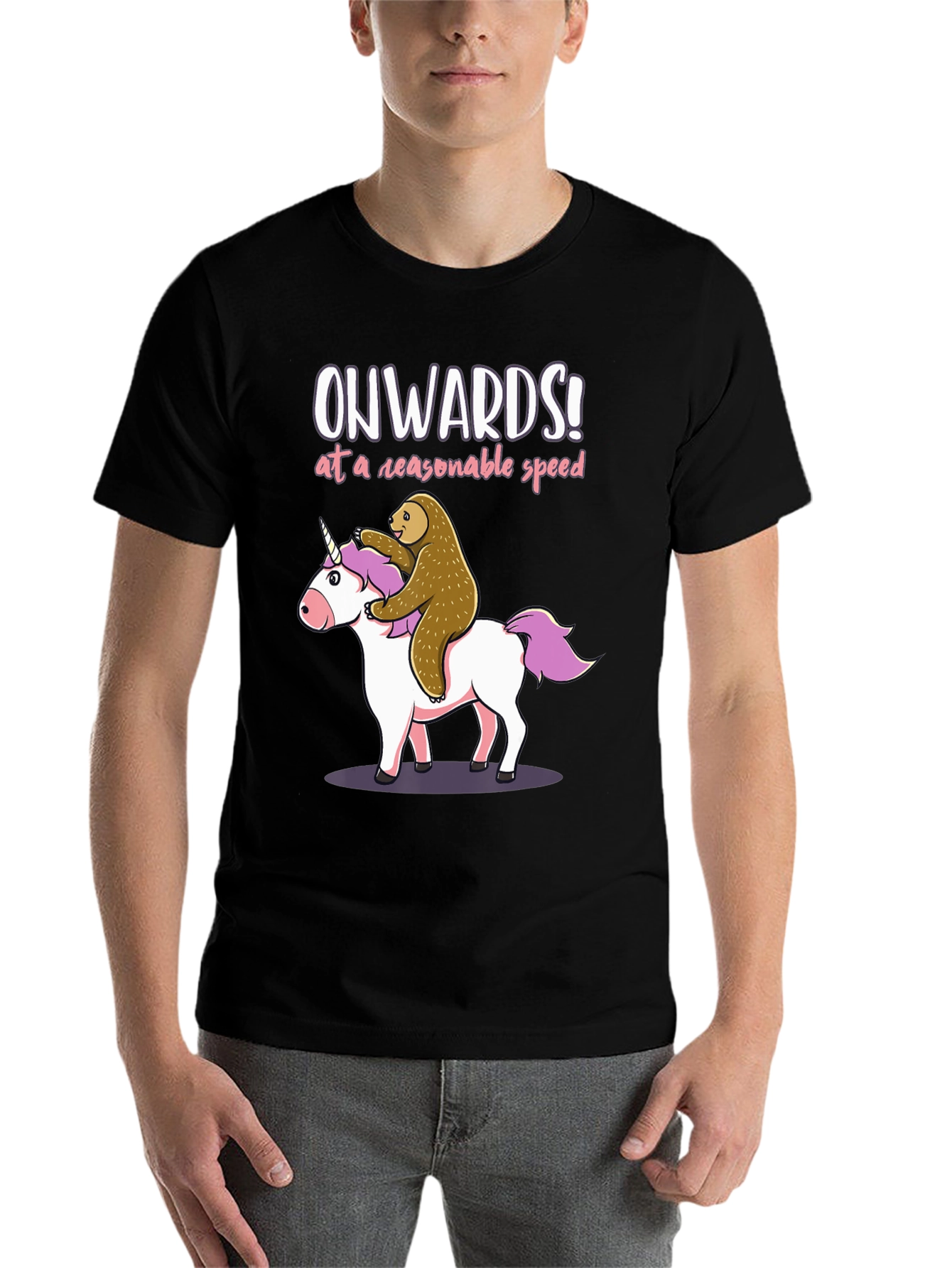 Black Onwards Unicorn Sloth T-Shirt - Funny Graphic Tee view 7