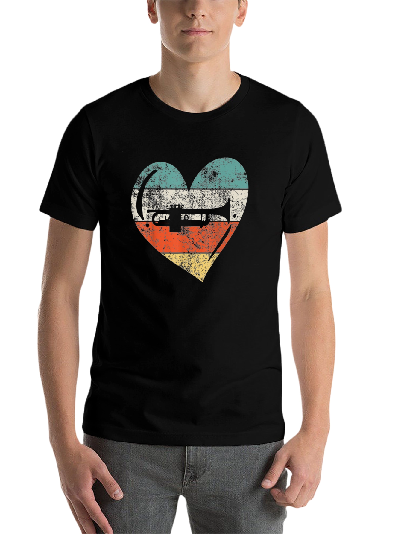 Black Retro Trumpet Heart T-Shirt - Vintage Style Musician Tee view 7