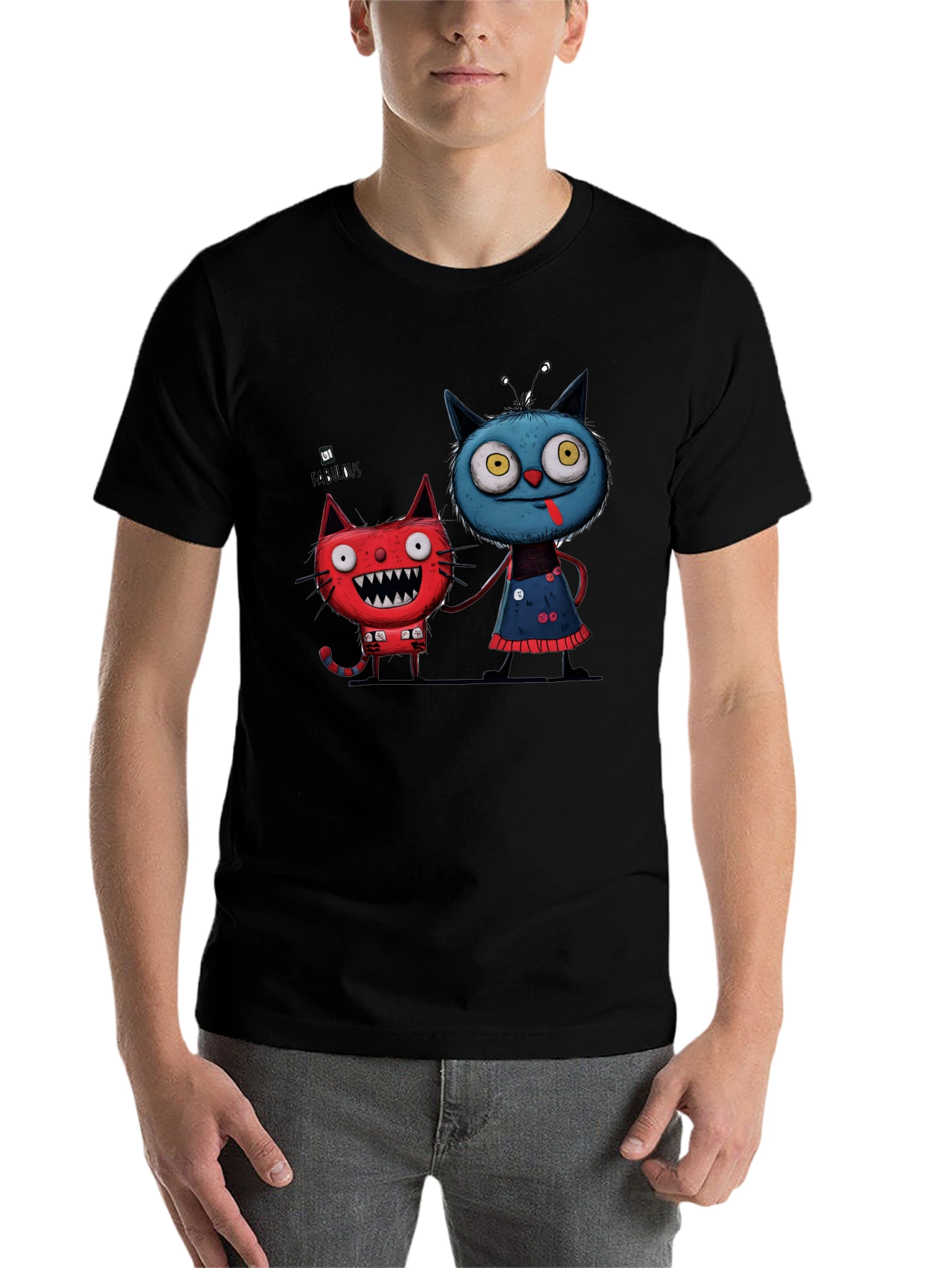 Black Cartoon Cat Graphic Tee - Whimsical Black T-Shirt view 7