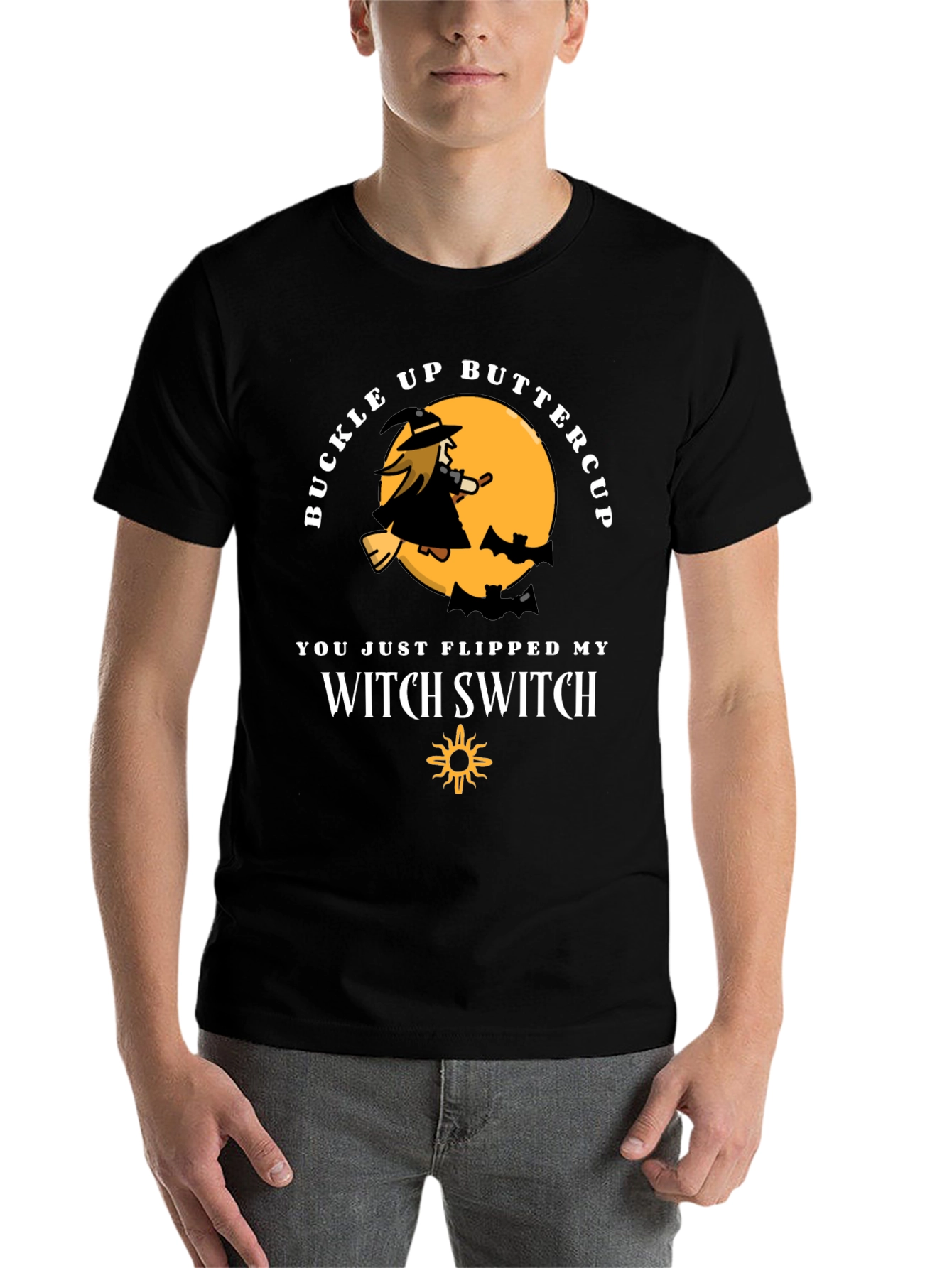 Black Buckle Up Buttercup Witch T-Shirt view 7